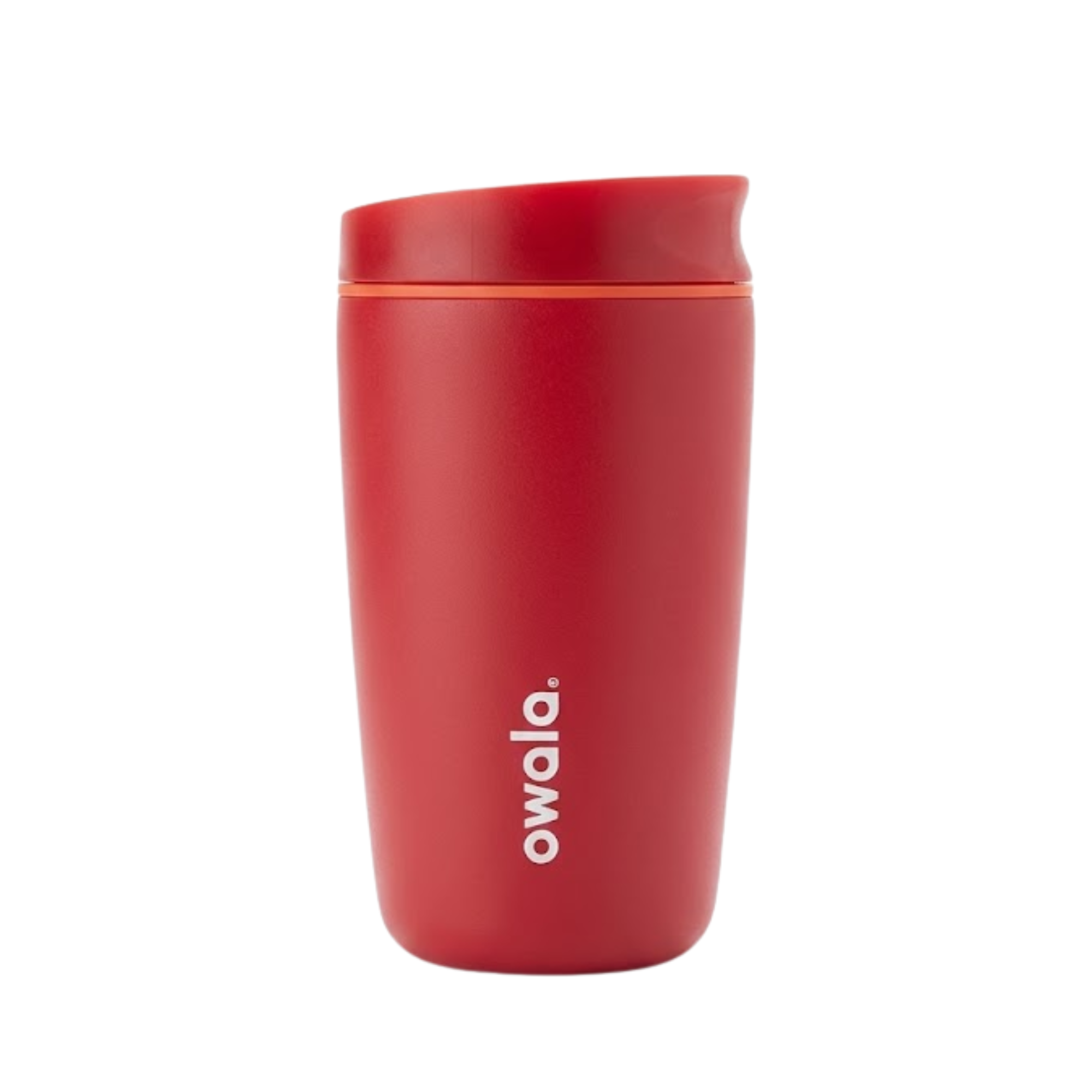 Vaso térmico Owala SmoothSip de 12 onzas en color rojo vibrante (Saffron) con logotipo y banda de tapa en blanco y naranja.