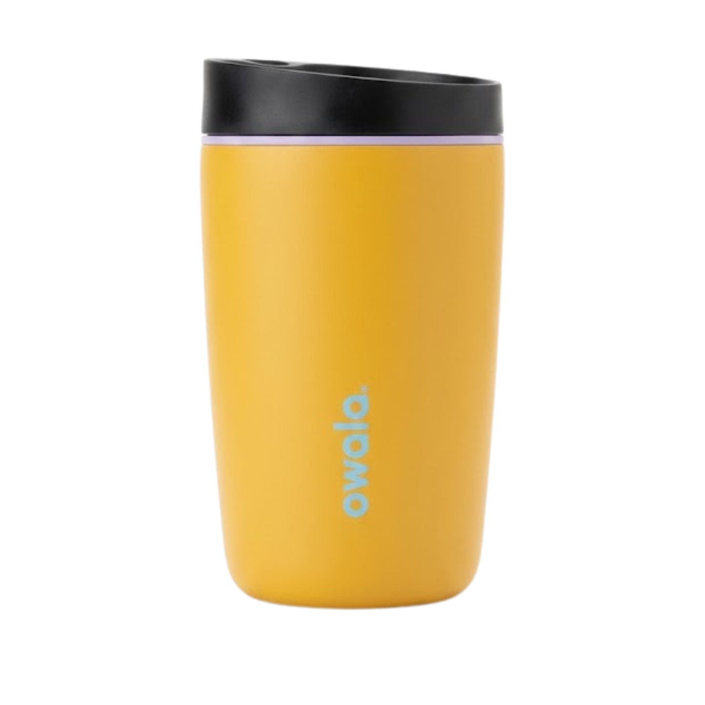 Vaso térmico Owala SmoothSip de 12 onzas en color amarillo mostaza (Sun-Kissed) con detalles en azul cielo y tapa negra.