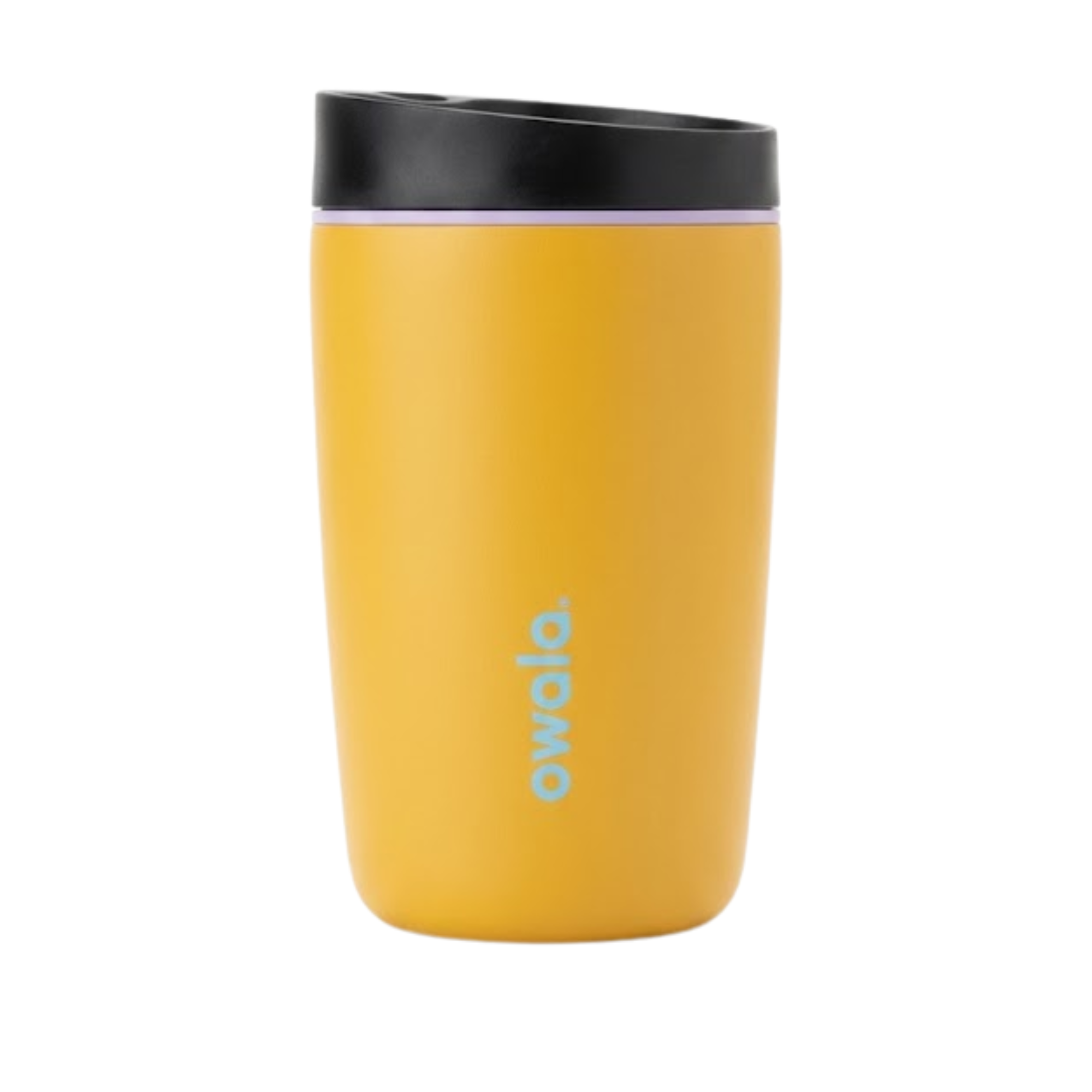 Vaso térmico Owala SmoothSip de 12 onzas en color amarillo mostaza (Sun-Kissed) con detalles en azul cielo y tapa negra.