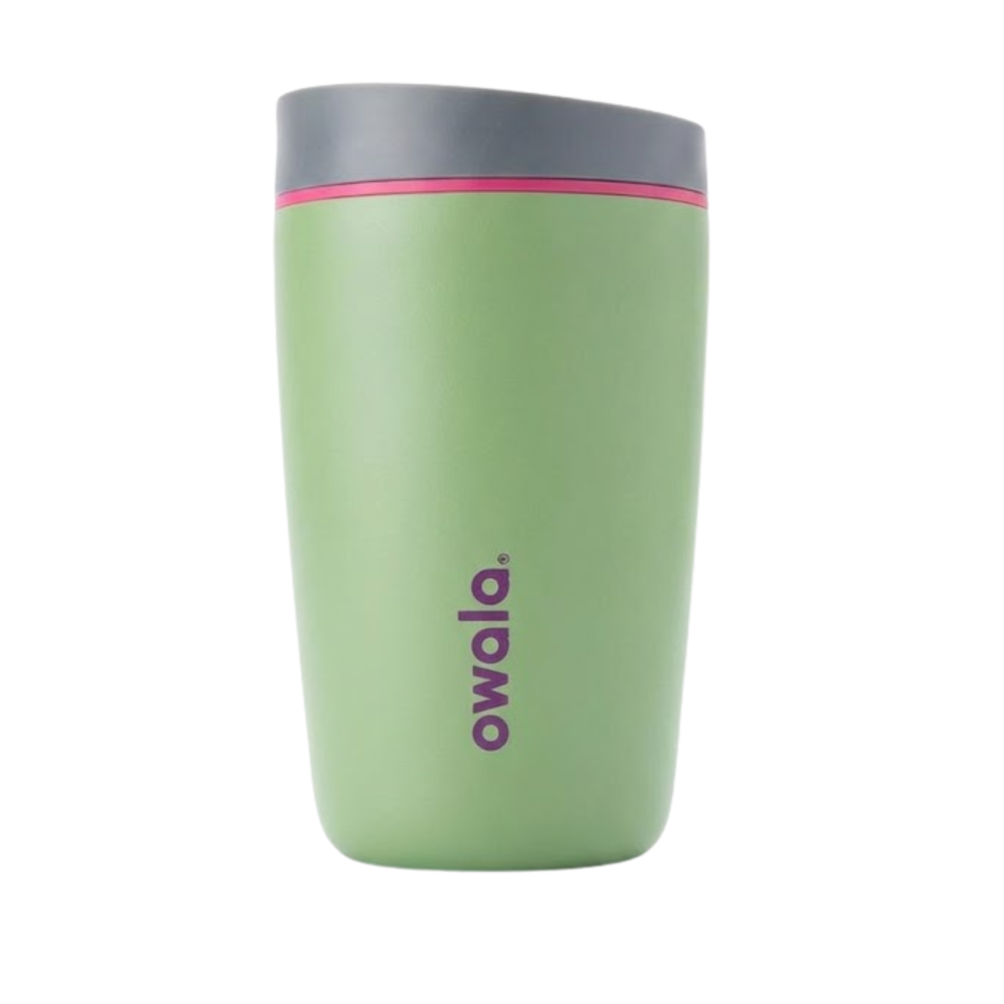 Vaso térmico pequeño Owala SmoothSip de 12 onzas en color verde olivo claro (Willow). Presenta una tapa gris oscuro con una línea decorativa en color magenta y el logotipo de Owala en púrpura. Fabricado en acero inoxidable con aislamiento al vacío.