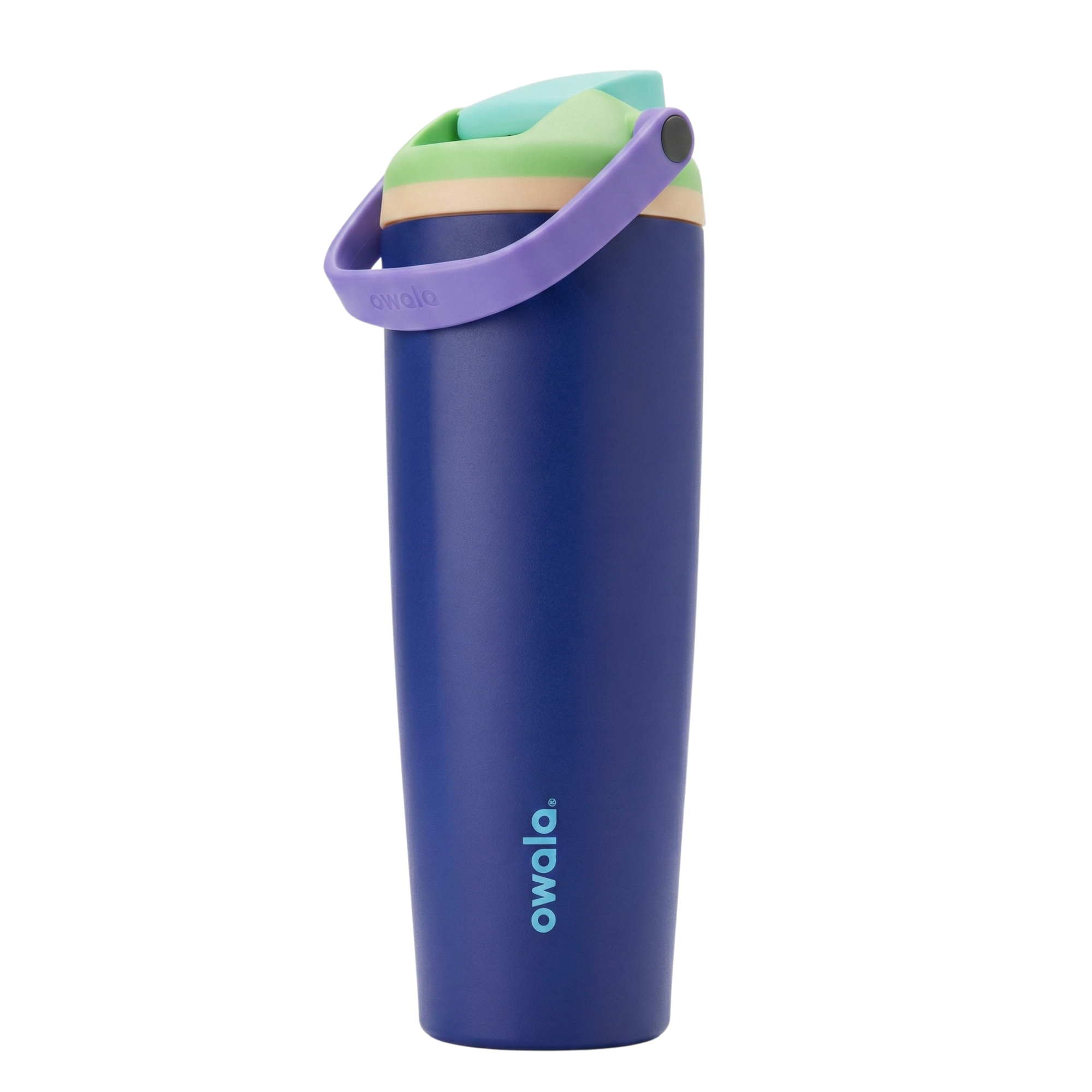Vaso térmico Owala SmoothSip de 30 onzas en color azul marino (Denim) con acabado mate. Presenta una tapa en color crema y verde con un asa de transporte superior en color lila. Cuerpo de acero inoxidable con aislamiento al vacío y diseño ergonómico.