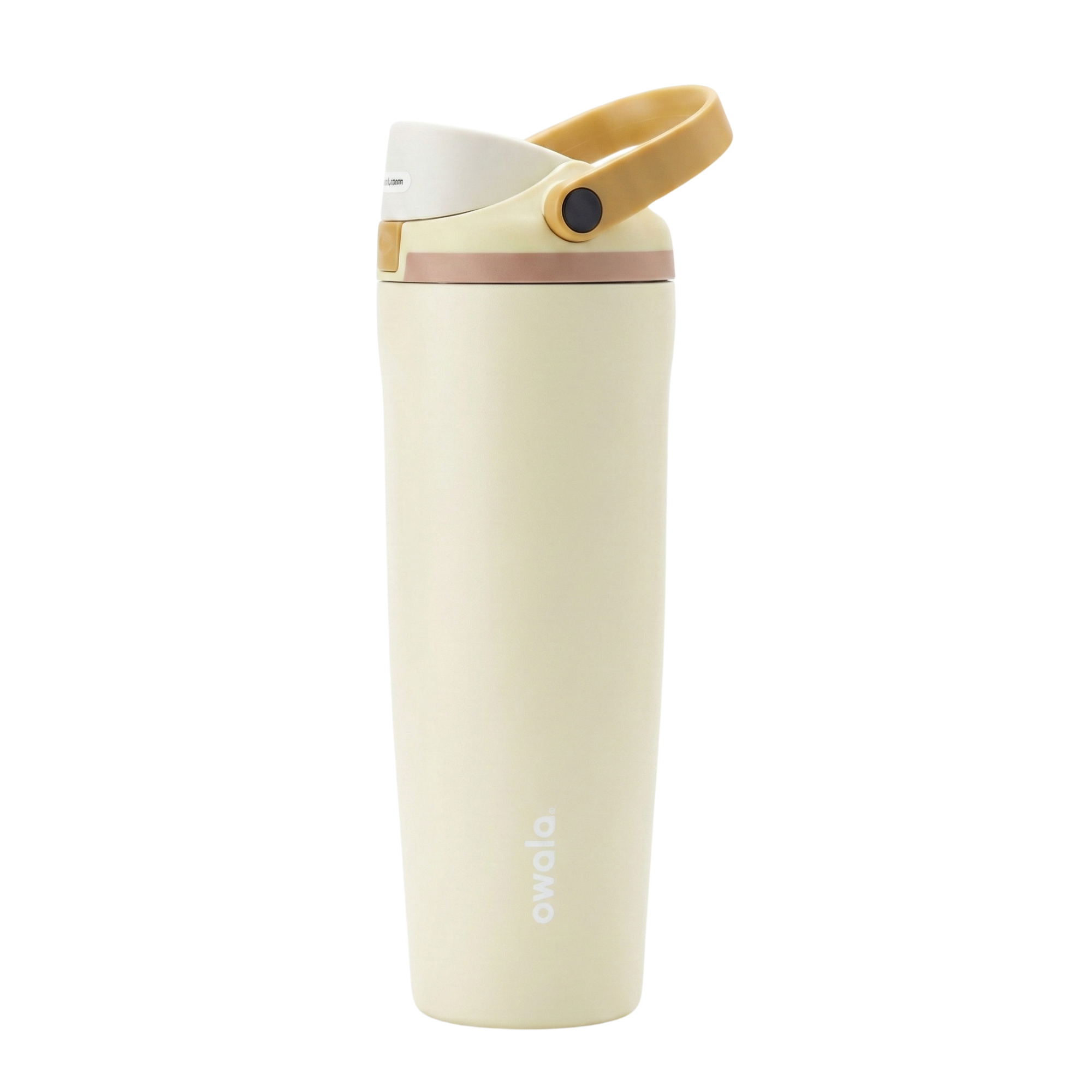 Vaso térmico Owala SmoothSip de 30 onzas en color crema suave (Champagne) con acabado mate. La tapa es de color blanquecino con un asa de transporte superior en color ocre o café claro. Cuerpo de acero inoxidable con aislamiento al vacío.
