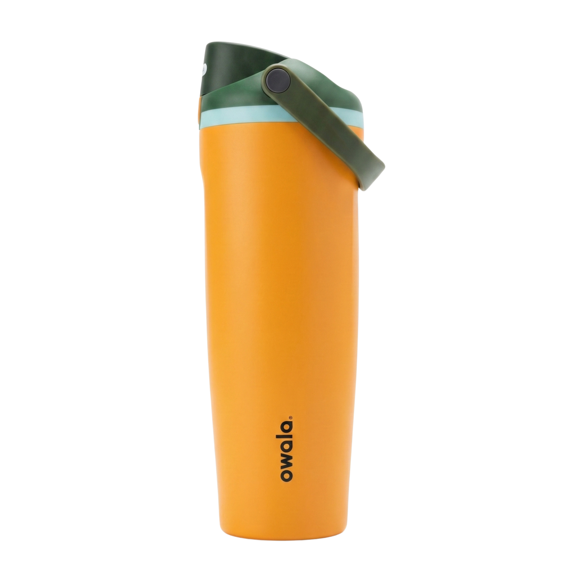 Vaso térmico Owala SmoothSip de 30 onzas en color naranja azafrán (Saffron) con acabado mate. Cuenta con una tapa en tonos verde bosque y azul claro con un asa de transporte superior en color verde oscuro. Cuerpo de acero inoxidable con aislamiento al vacío.
