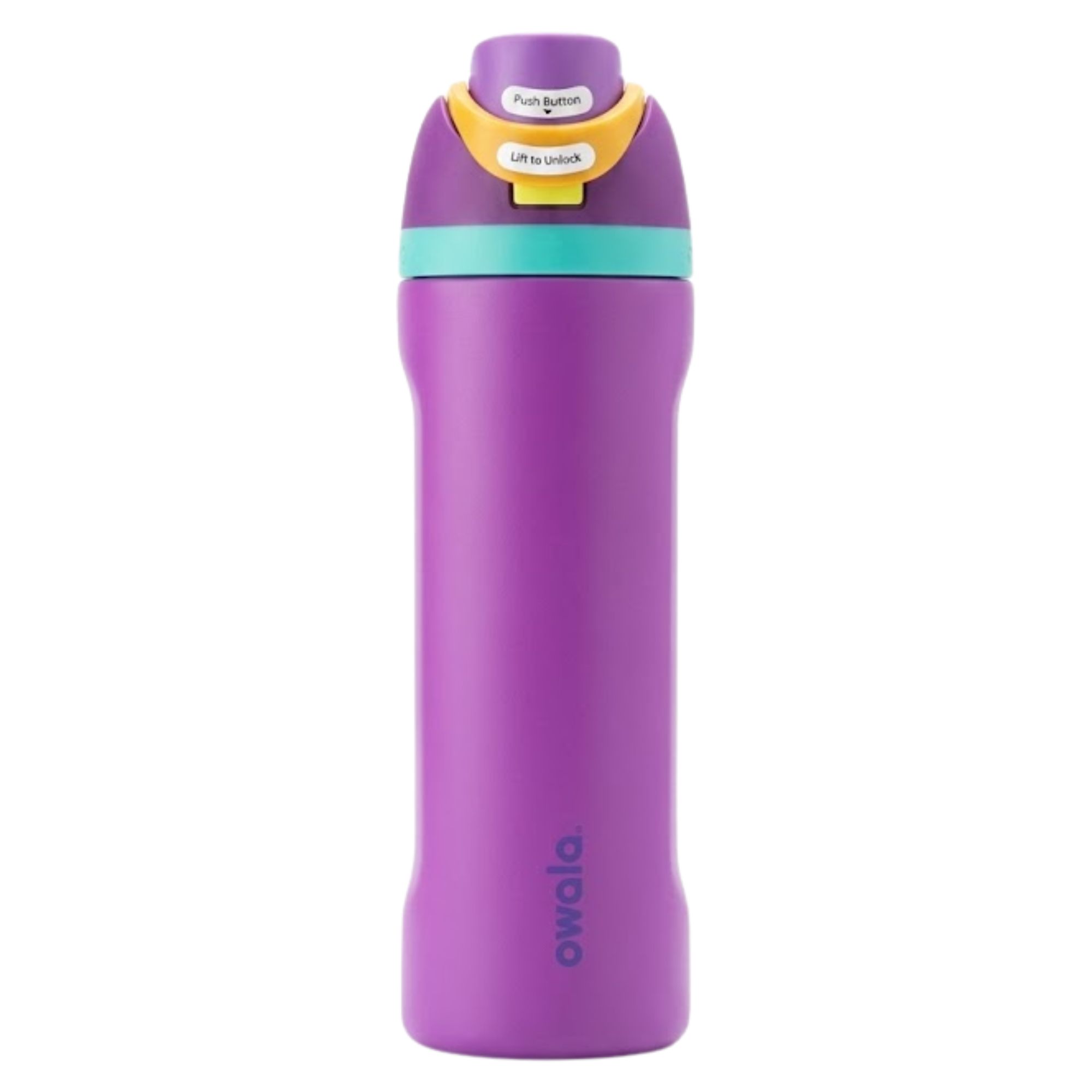 Botella térmica de 24 onzas modelo Owala Twist en color morado intenso (Be Mine). La tapa de rosca combina tonos lila, turquesa con un botón amarillo. Presenta un cuerpo ergonómico con el logotipo de Owala en vertical.