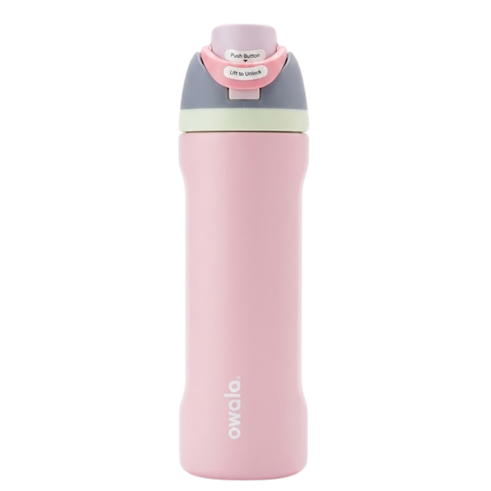Botella térmica de 24 onzas modelo Owala Twist en color rosa pastel (Candy Dreams). La tapa de rosca combina una banda en verde menta pálido, detalles en gris Oxford y rosa chicle, con un botón superior en lila suave. Cuerpo con diseño ergonómico y el logotipo de Owala en vertical.