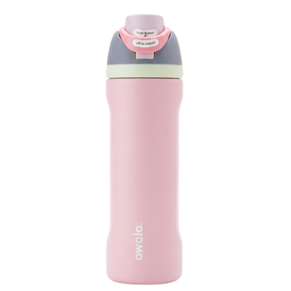Botella térmica de 24 onzas modelo Owala Twist en color rosa pastel (Candy Dreams). La tapa de rosca combina una banda en verde menta pálido, detalles en gris Oxford y rosa chicle, con un botón superior en lila suave. Cuerpo con diseño ergonómico y el logotipo de Owala en vertical.