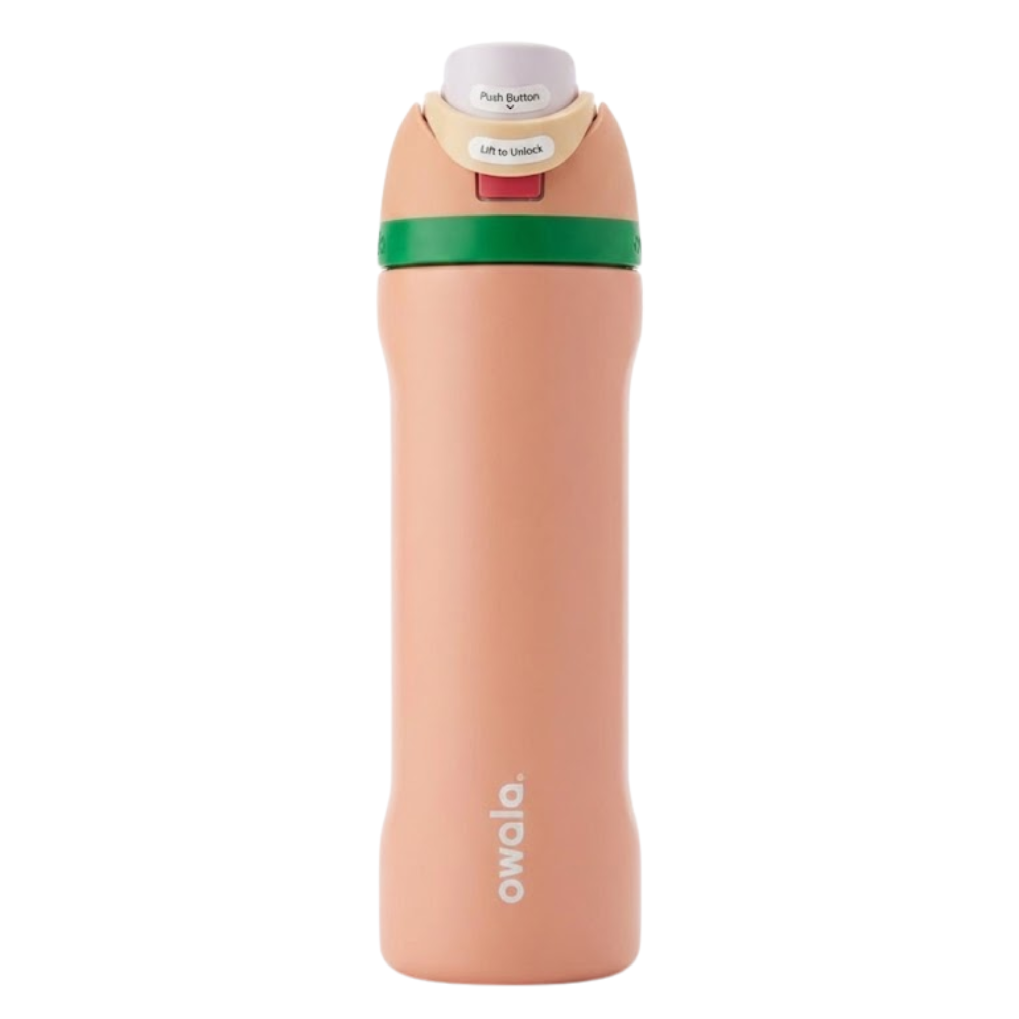 Botella térmica de 24 onzas modelo Owala Twist en color salmón suave (Desert Sage). La tapa de rosca incluye una banda verde vibrante, detalles en beige y un botón de apertura rojo. Diseño ergonómico con el logotipo de Owala en vertical.