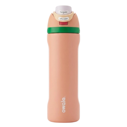 Botella térmica de 24 onzas modelo Owala Twist en color salmón suave (Desert Sage). La tapa de rosca incluye una banda verde vibrante, detalles en beige y un botón de apertura rojo. Diseño ergonómico con el logotipo de Owala en vertical.