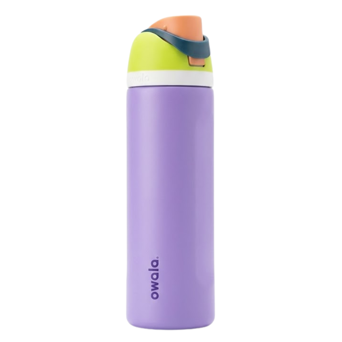 Botella térmica de 24 onzas modelo Owala Twist en color lila (Grape Soda). La tapa de rosca rápida combina colores verde lima, azul marino y un detalle naranja en la parte superior. Cuerpo con diseño ergonómico y logotipo de Owala en color morado oscuro.