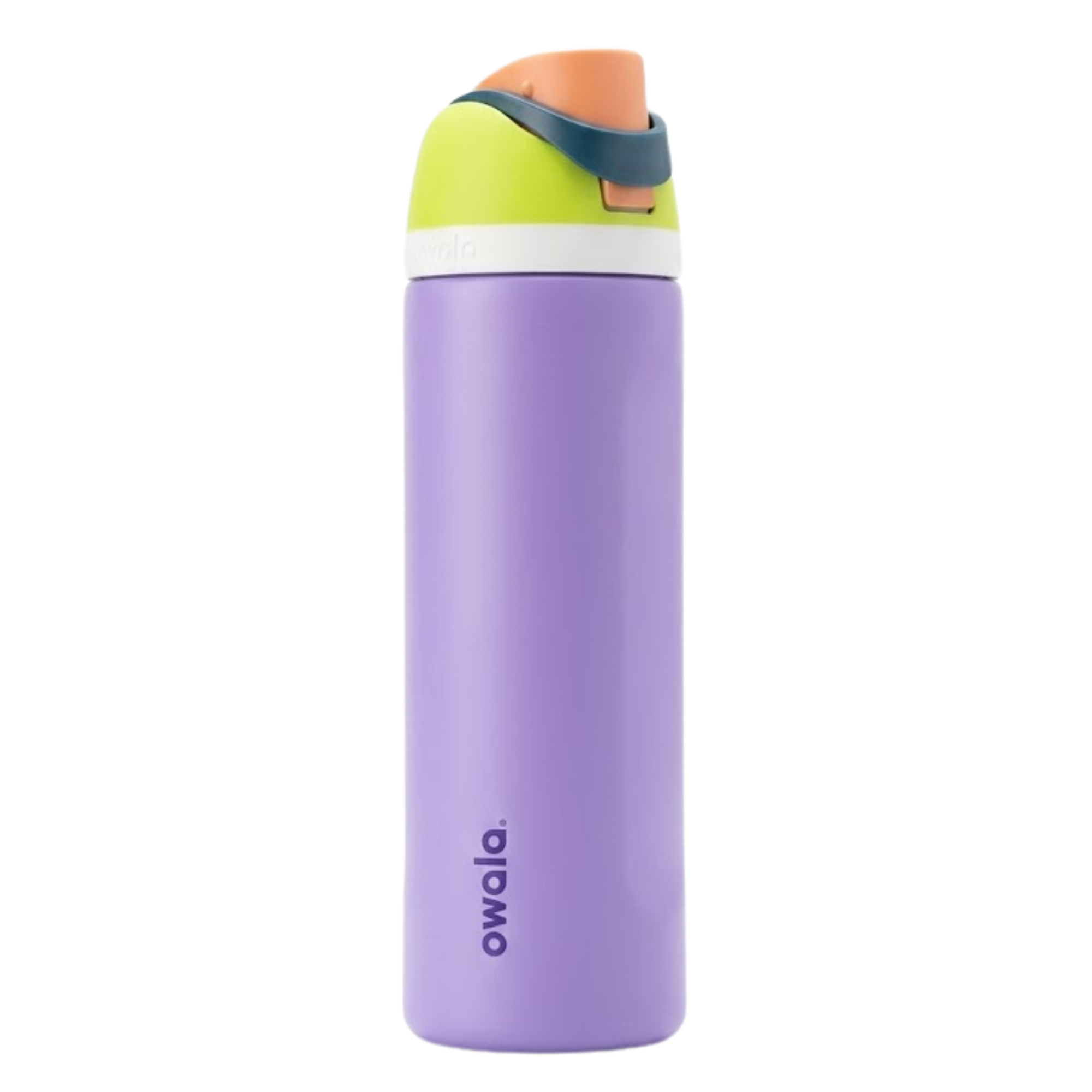 Botella térmica de 24 onzas modelo Owala Twist en color lila (Grape Soda). La tapa de rosca rápida combina colores verde lima, azul marino y un detalle naranja en la parte superior. Cuerpo con diseño ergonómico y logotipo de Owala en color morado oscuro.