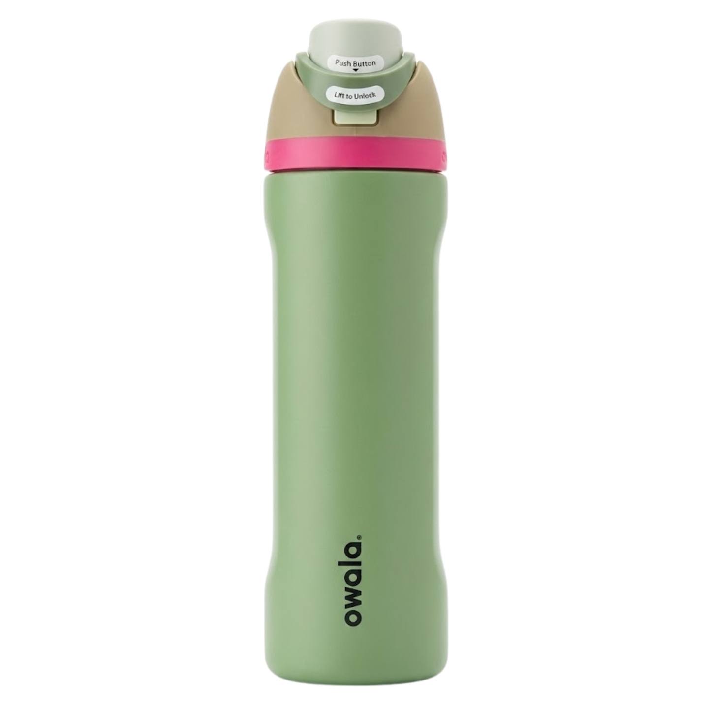 Botella térmica de 24 onzas modelo Owala Twist en color verde olivo (Neo Sage). La tapa de rosca presenta una banda rosa fucsia, detalles en color arena y verde salvia, con un botón gris claro. Diseño ergonómico con el logotipo de Owala en vertical.