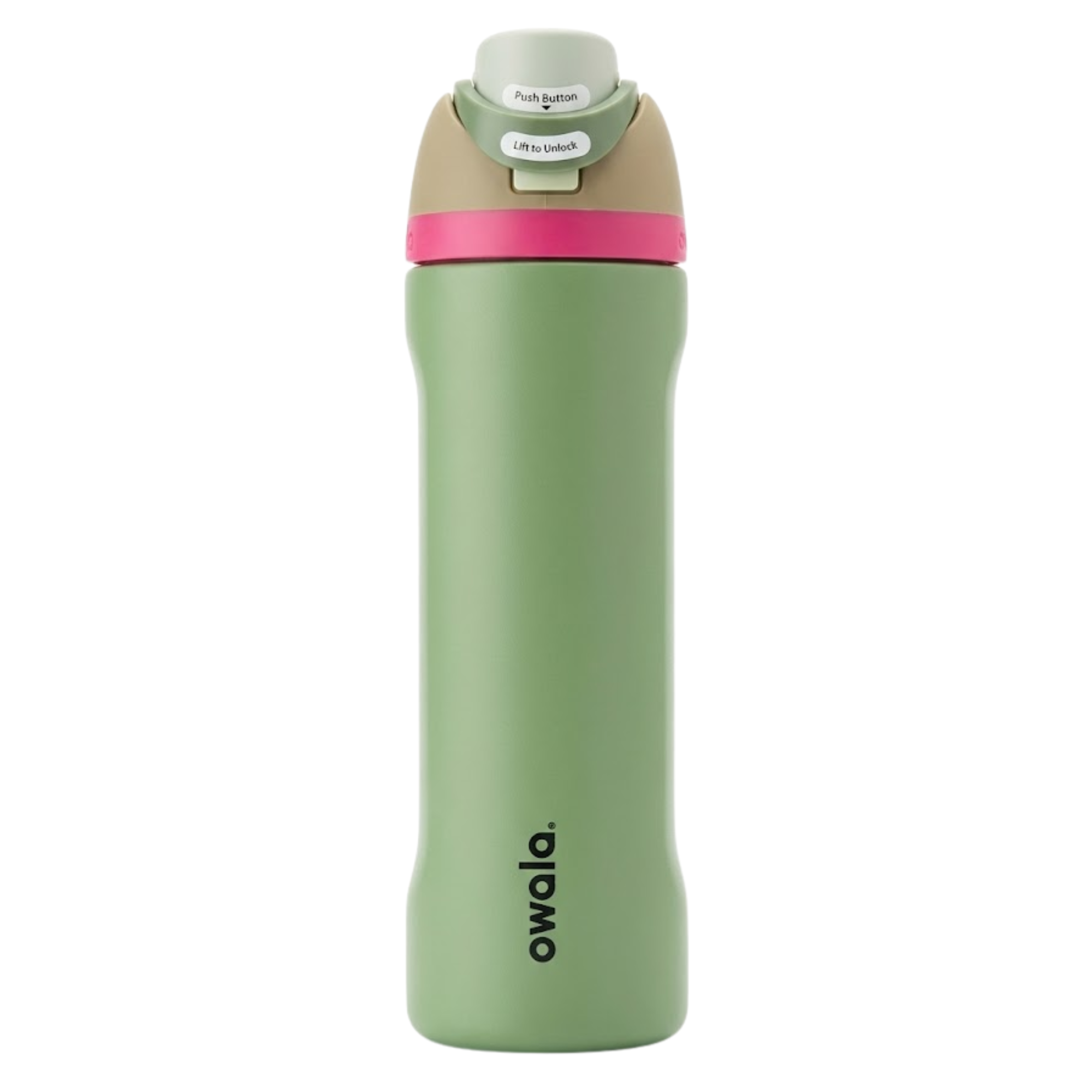 Botella térmica de 24 onzas modelo Owala Twist en color verde olivo (Neo Sage). La tapa de rosca presenta una banda rosa fucsia, detalles en color arena y verde salvia, con un botón gris claro. Diseño ergonómico con el logotipo de Owala en vertical.