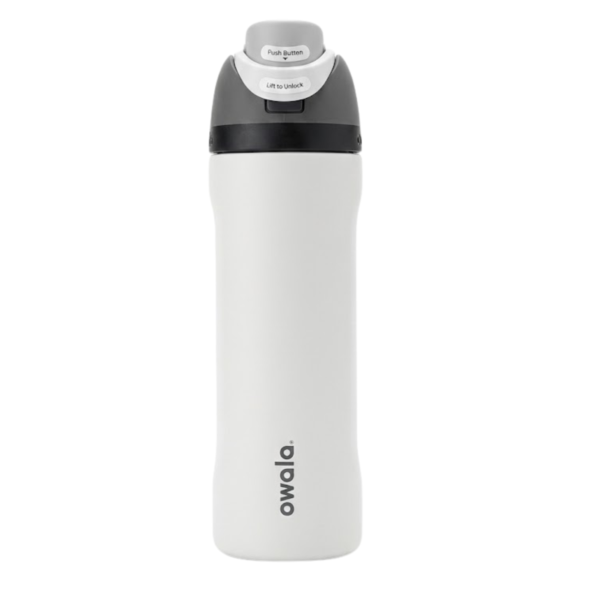 Botella térmica de 24 onzas modelo Owala Twist en color blanco hueso (Shale Pale). El diseño presenta un cuerpo ergonómico con curvas y una tapa de rosca en tonos gris oscuro y gris claro. Incluye el logotipo de Owala en posición vertical cerca de la base.