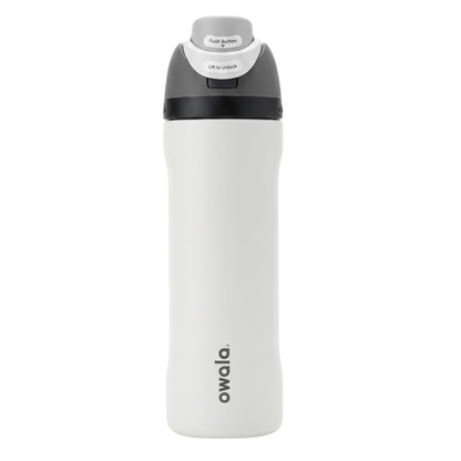 Botella térmica de 24 onzas modelo Owala Twist en color blanco hueso (Shale Pale). El diseño presenta un cuerpo ergonómico con curvas y una tapa de rosca en tonos gris oscuro y gris claro. Incluye el logotipo de Owala en posición vertical cerca de la base.