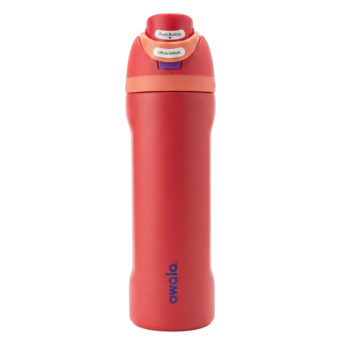 Botella térmica Owala Twist de 24 onzas en color coral suave (Shy Guy). La tapa de rosca combina un tono durazno cálido con una banda de silicona en color tierra claro. Acabado mate sedoso en el cuerpo de acero inoxidable.