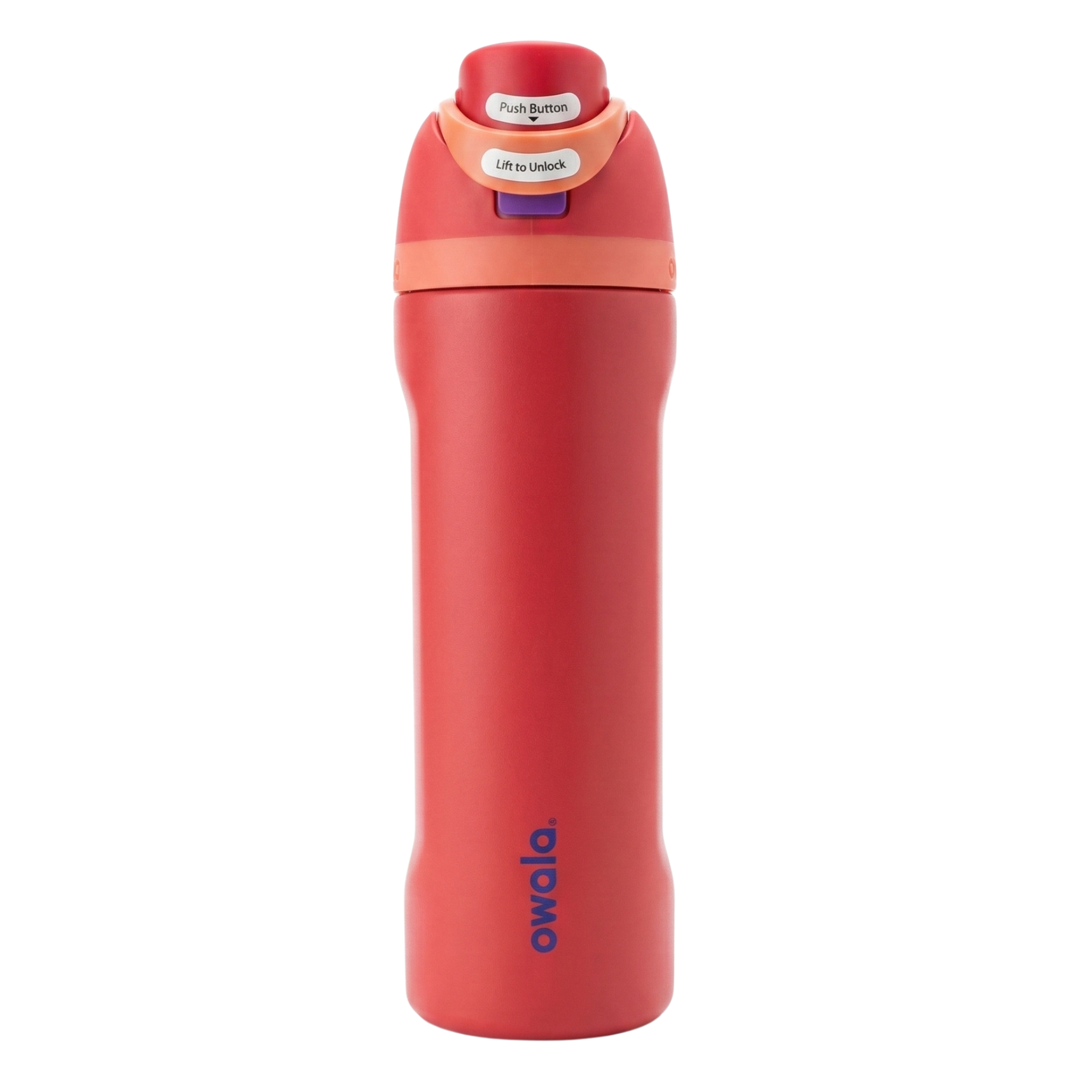 Botella térmica Owala Twist de 24 onzas en color coral suave (Shy Guy). La tapa de rosca combina un tono durazno cálido con una banda de silicona en color tierra claro. Acabado mate sedoso en el cuerpo de acero inoxidable.