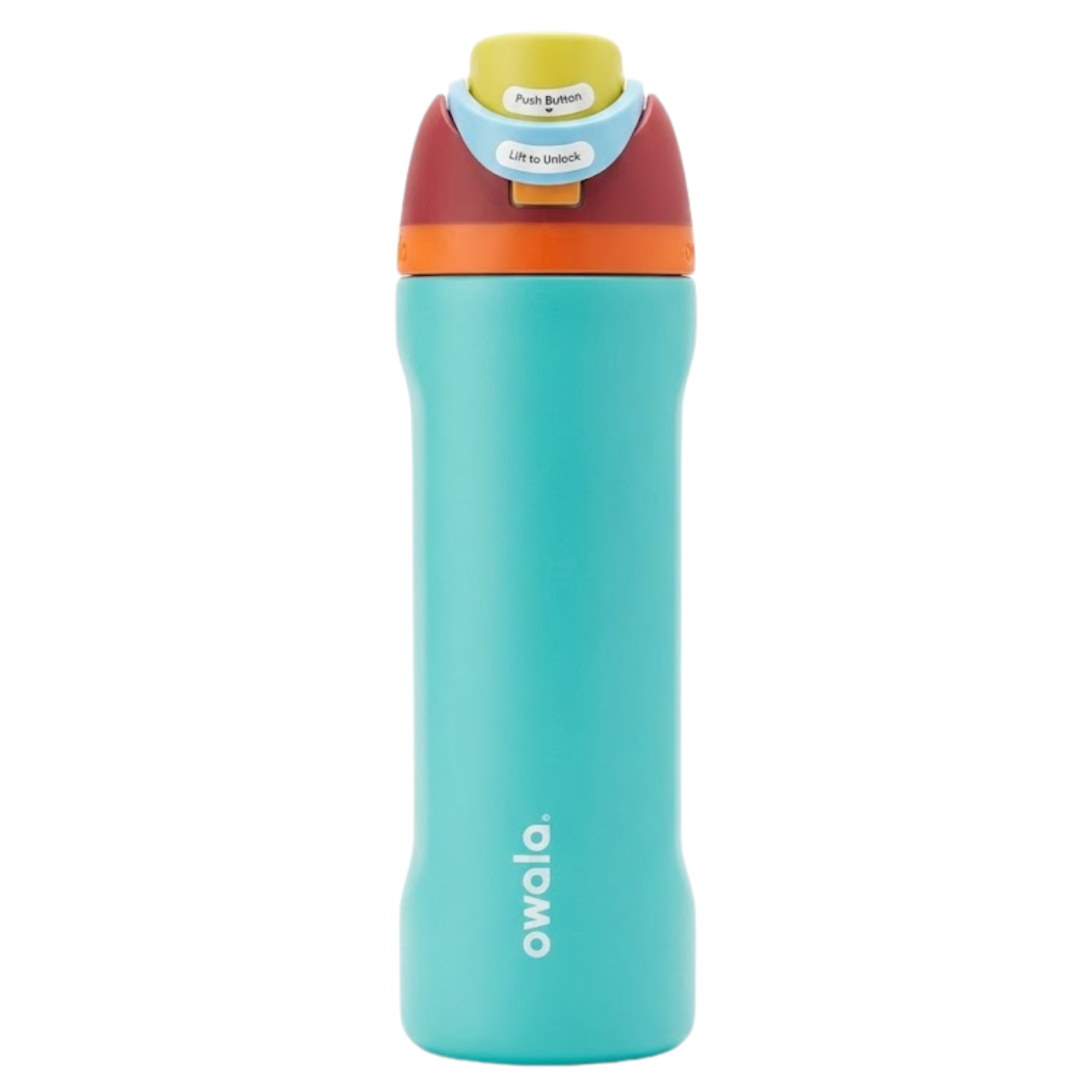 Botella térmica de 24 onzas modelo Owala Twist en color turquesa (Surfs Up). La tapa de rosca es multicolor con secciones en rojo, una banda naranja y detalles en azul claro y amarillo lima. Presenta un cuerpo con diseño ergonómico y el logotipo de Owala en vertical.
