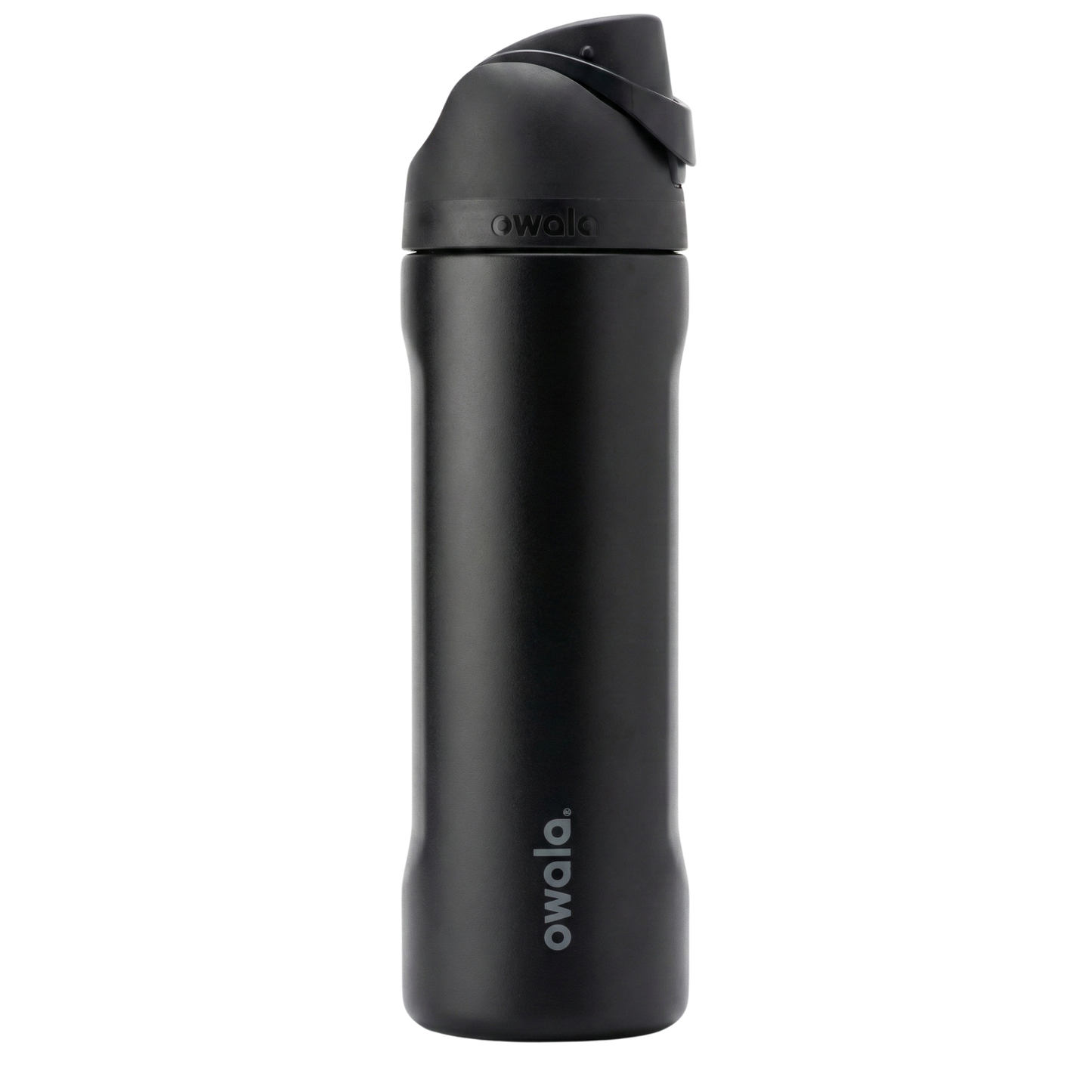 Botella térmica de 24 onzas modelo Owala Twist en color negro mate integral (Very Dark). Tanto el cuerpo de acero inoxidable como la tapa de rosca rápida son de color negro, manteniendo una estética minimalista y profesional. Diseño ergonómico con el logotipo de Owala en gris oscuro.
