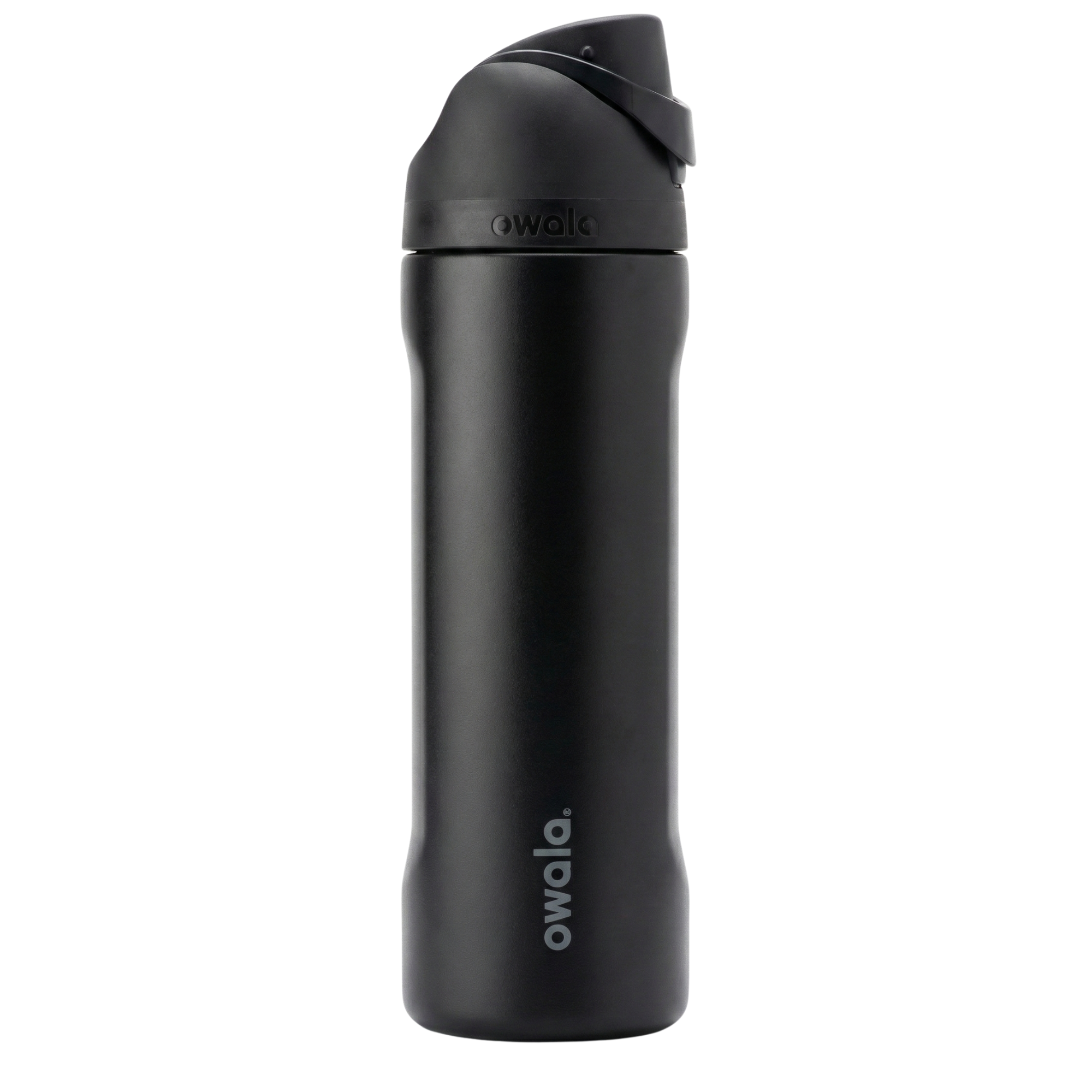 Botella térmica de 24 onzas modelo Owala Twist en color negro mate integral (Very Dark). Tanto el cuerpo de acero inoxidable como la tapa de rosca rápida son de color negro, manteniendo una estética minimalista y profesional. Diseño ergonómico con el logotipo de Owala en gris oscuro.