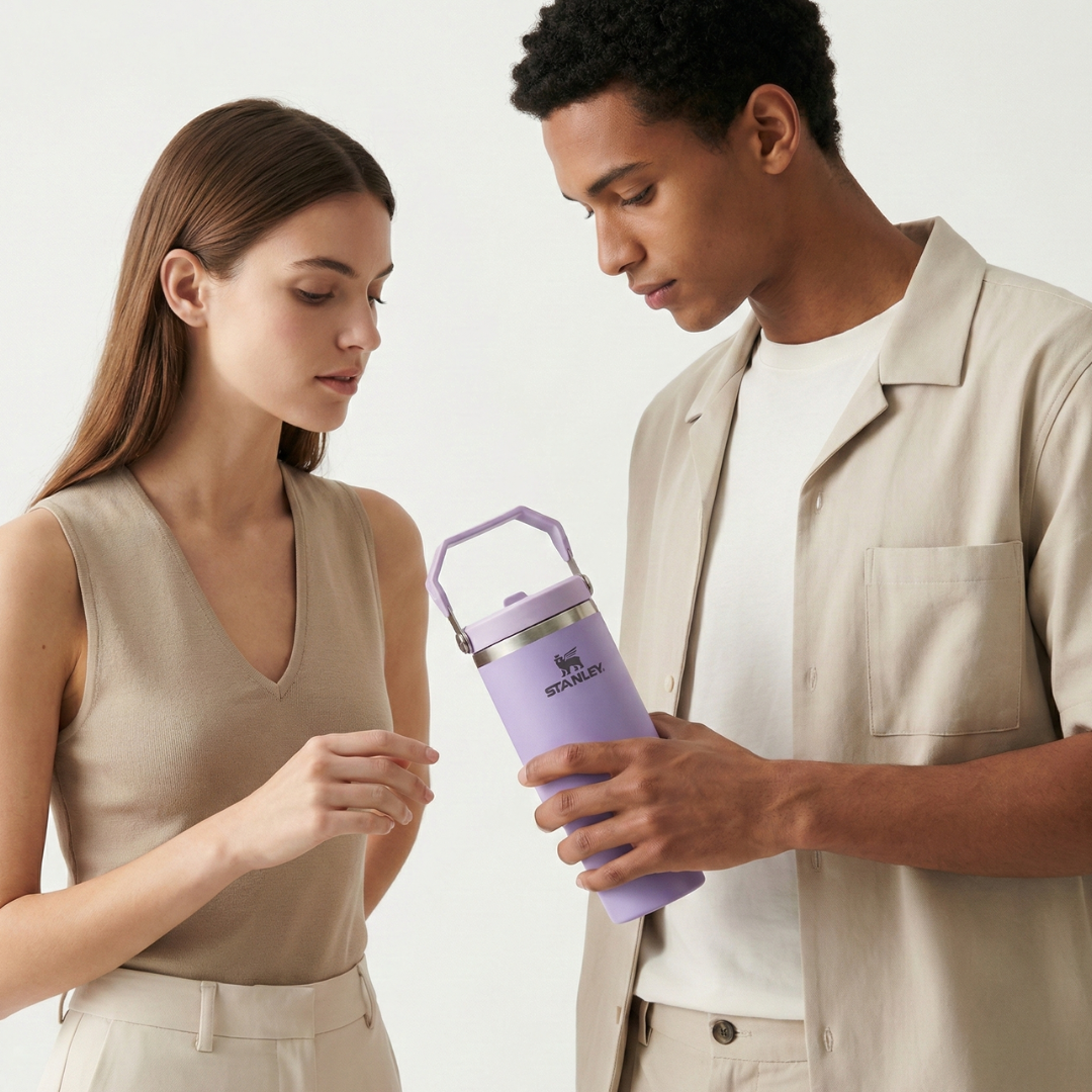 Termo de acero inoxidable de 30 onzas modelo Stanley IceFlow Flip Straw. El cuerpo es de color lila o lavanda con acabado mate. La tapa de color lila incluye una pajilla abatible integrada (flip straw) y un asa de transporte giratoria del mismo tono, con el icono del oso alado de Stanley grabado en el costado de la tapa.