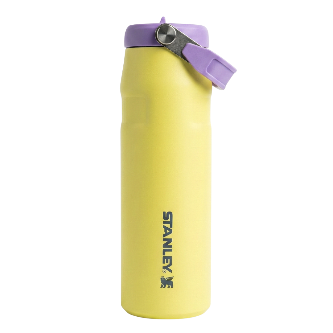 Botella Stanley AeroLight IceFlow de 24 oz en color amarillo Citron con tapa y asa color lila.