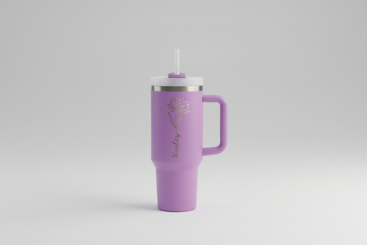Vaso térmico Stanley Quencher H2.0 de 40 onzas en color lavanda con grabado láser personalizado. El diseño muestra el nombre "Hailey" en caligrafía elegante junto a una ilustración de una flor de loto o dalia. Incluye asa ergonómica, tapa de rosca con tres posiciones y popote (pajilla) transparente.