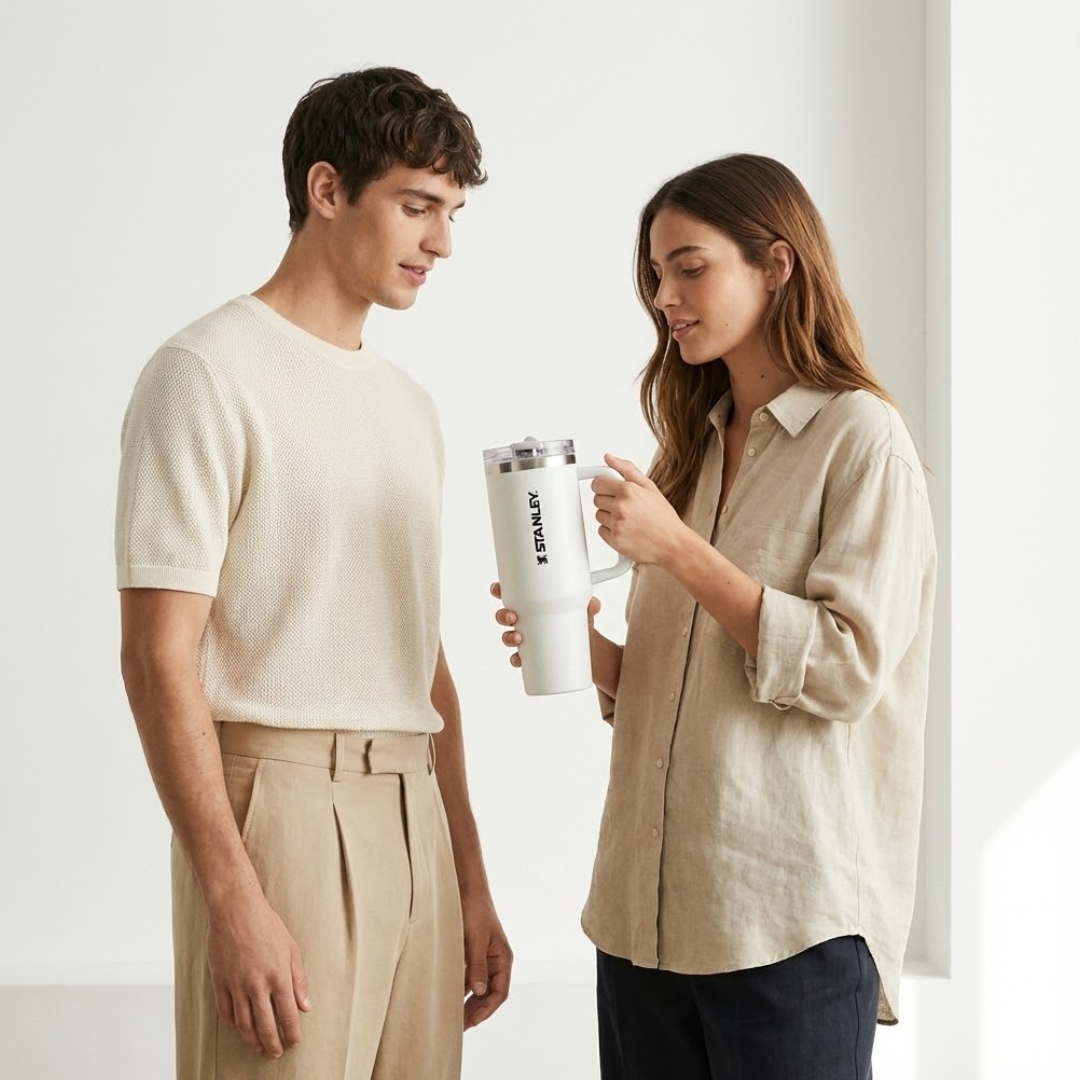 Vaso térmico Stanley Quencher de 40 onzas. El termo es de color blanco hueso o crema mate, cuenta con una tapa transparente con detalles grises, un asa ergonómica a juego y el logotipo de la marca en letras negras.
