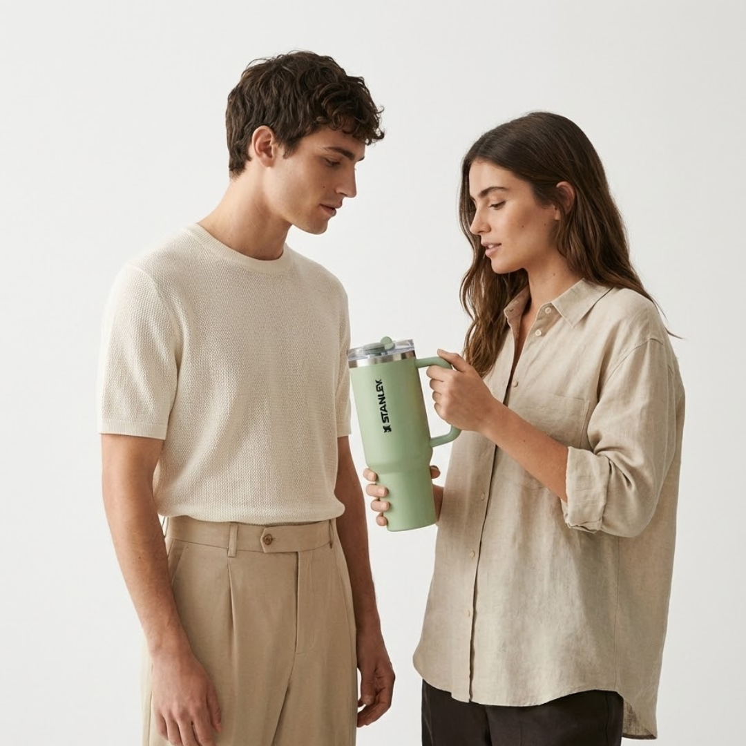 Vaso térmico Stanley Quencher de 40 onzas. El termo es de un suave color verde eucalipto o salvia mate, cuenta con una tapa transparente con detalles verdes, un asa ergonómica a juego y el logo en letras negras.