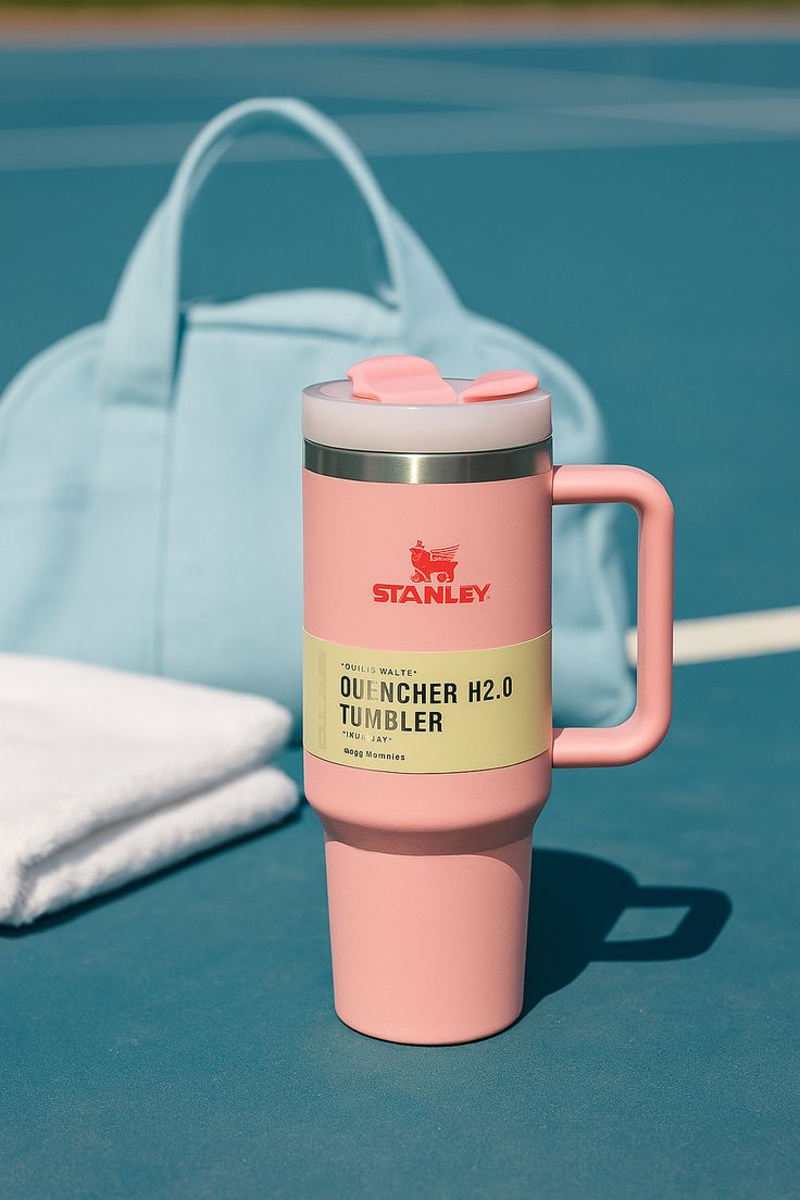 Vaso térmico Stanley Quencher H2.0 de 40 onzas en color rosado suave mate (Peony). El termo aparece con su etiqueta original amarilla de "Quencher H2.0 Tumbler". Presenta el logotipo de Stanley en color rojo brillante en la parte superior. La tapa es translúcida con el detalle del cierre en rosado a juego y un asa ergonómica del mismo tono del cuerpo.