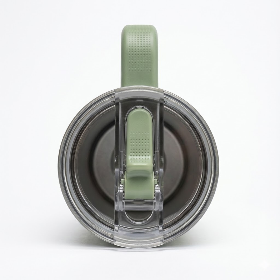 Termo Stanley Quencher H2.0 de 40 onzas en color verde salvia o verde cemento (Sage) con acabado mate. La tapa transparente tiene la pieza giratoria en color verde a juego. El asa ergonómica es de color verde con detalles en gris oscuro. Presenta el logotipo de Stanley grabado en color negro. Es un diseño de inspiración natural y moderna.