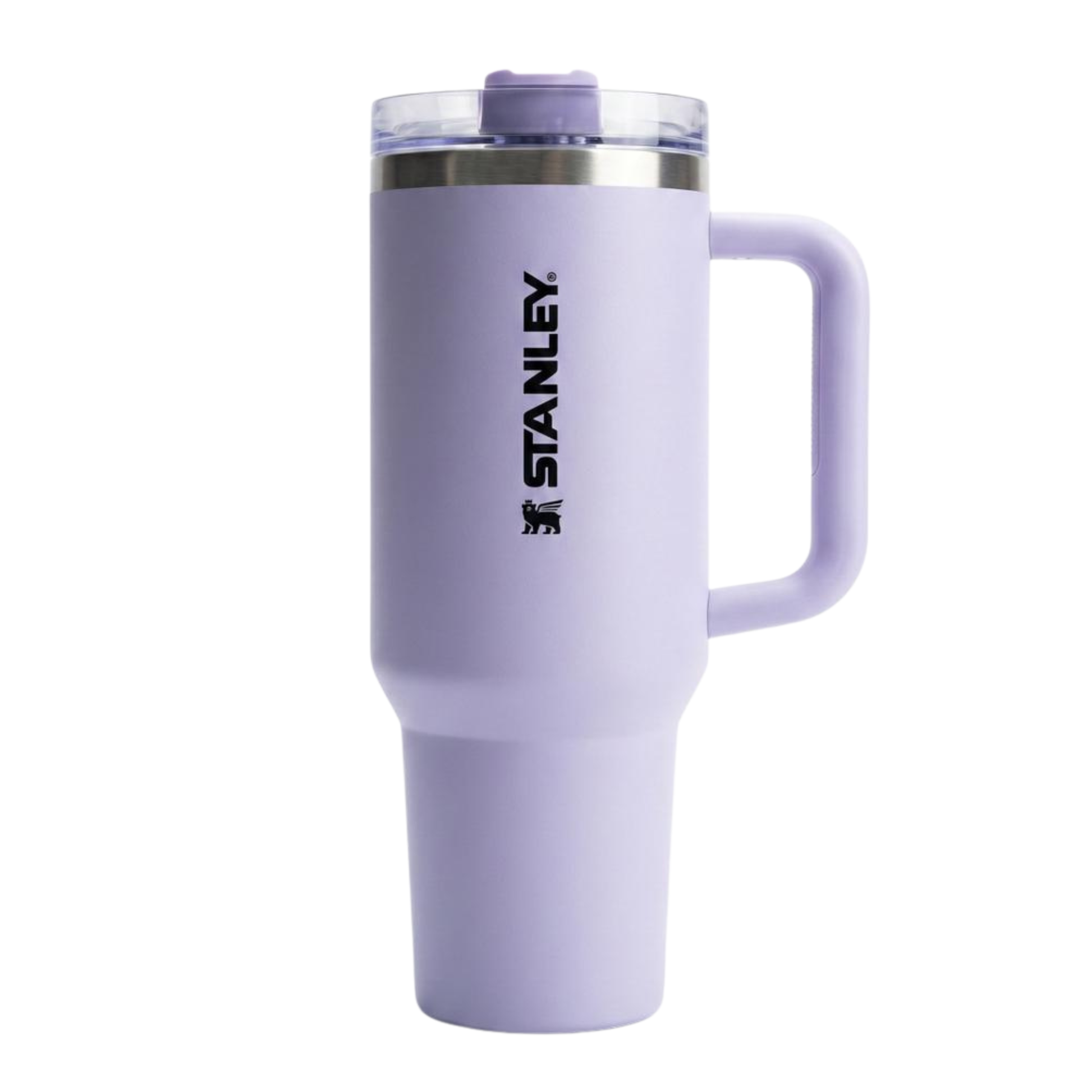 Vaso térmico Stanley Quencher H2.0 de 40 onzas en color lila con acabado mate. Incluye un asa lateral ergonómica con agarre cómodo y la tapa avanzada FlowState™ con tres posiciones y sorbete. Logotipo de Stanley impreso verticalmente en el cuerpo de acero inoxidable.