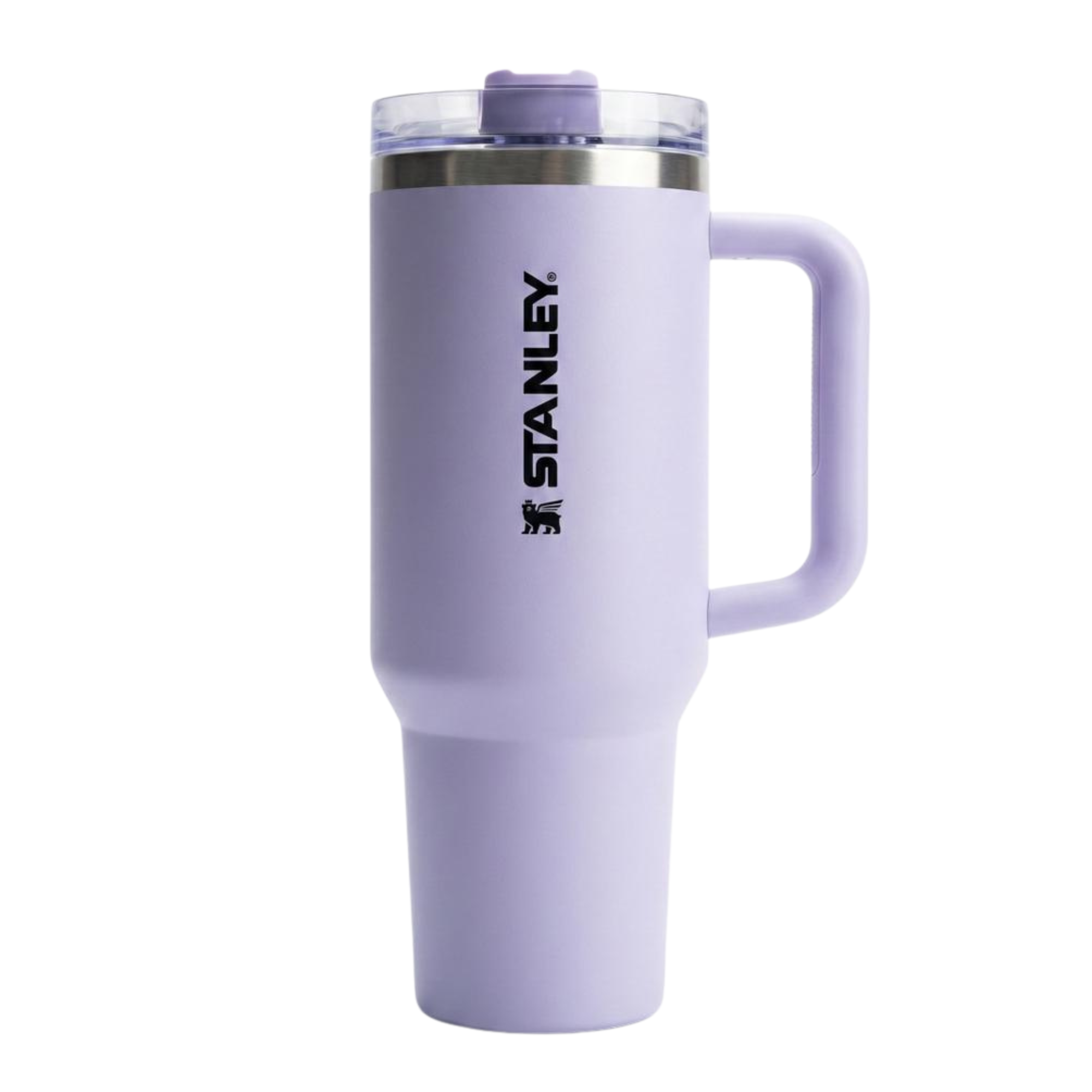 Vaso térmico Stanley Quencher H2.0 de 40 onzas en color lila con acabado mate. Incluye un asa lateral ergonómica con agarre cómodo y la tapa avanzada FlowState™ con tres posiciones y sorbete. Logotipo de Stanley impreso verticalmente en el cuerpo de acero inoxidable.