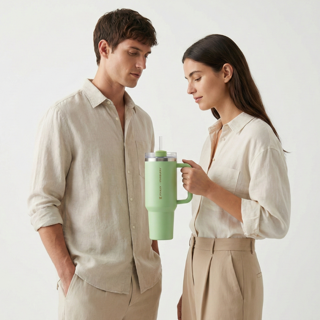 Vaso térmico Stanley de 40 onzas en color verde, perteneciente a una colaboración especial con Starbucks. En el lateral, presenta un grabado vertical elegante que dice "STANLEY + STARBUCKS" junto al icono del oso alado de Stanley, todo en un tono dorado suave o bronce. El asa y el cuerpo son del mismo tono verde lima, con una tapa transparente que tiene un cierre superior y pajilla en verde a juego.