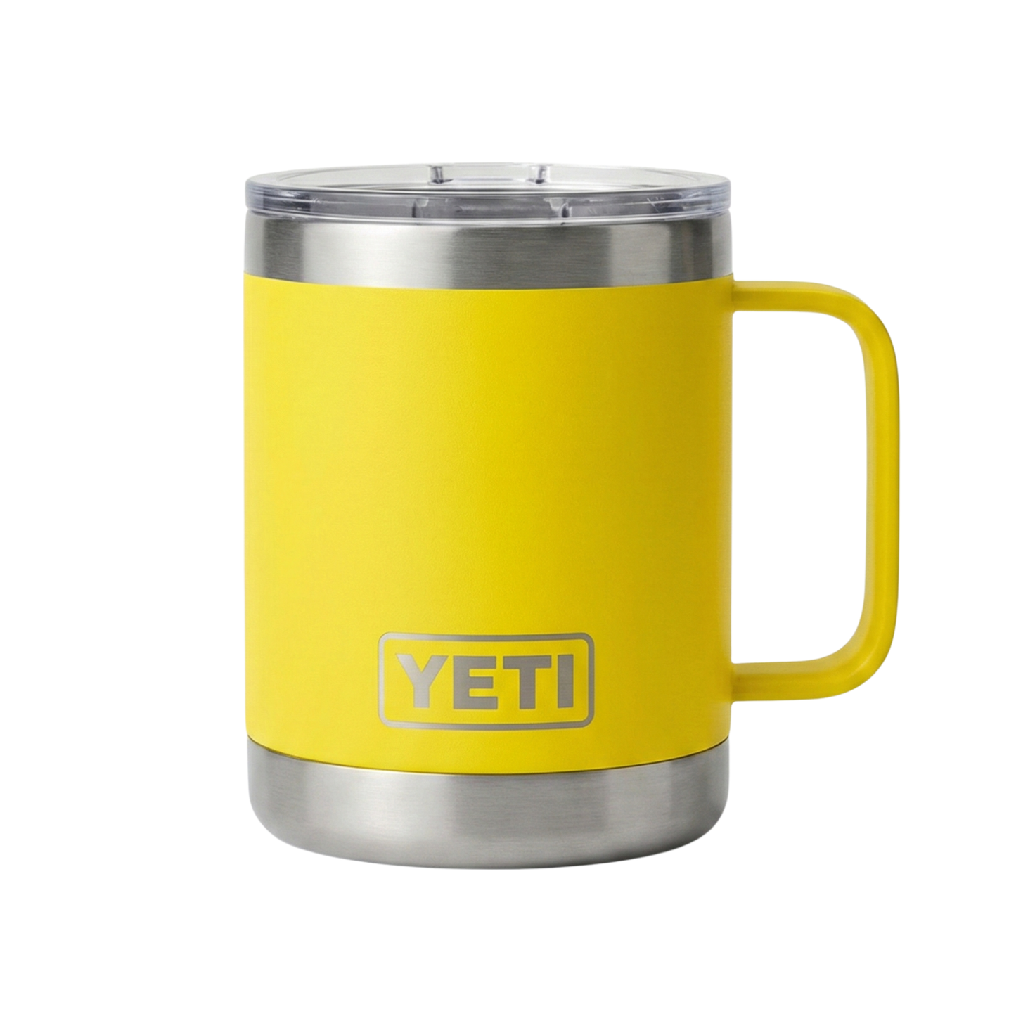 Taza térmica Yeti Rambler de 10 onzas en color amarillo (Alpine Yellow) con acabado Duracoat. Incluye asa lateral integrada y cuerpo de acero inoxidable de doble pared. Diseño apilable con base de acero brillante y logotipo de Yeti.