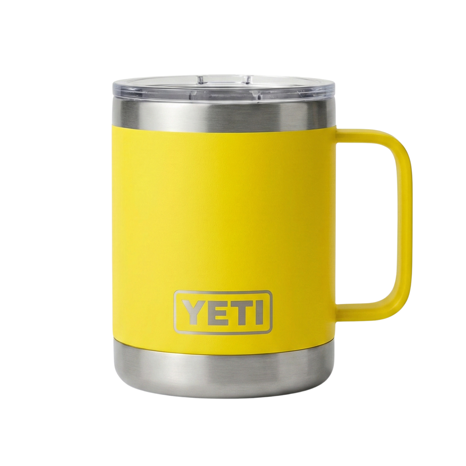 Taza térmica Yeti Rambler de 10 onzas en color amarillo (Alpine Yellow) con acabado Duracoat. Incluye asa lateral integrada y cuerpo de acero inoxidable de doble pared. Diseño apilable con base de acero brillante y logotipo de Yeti.