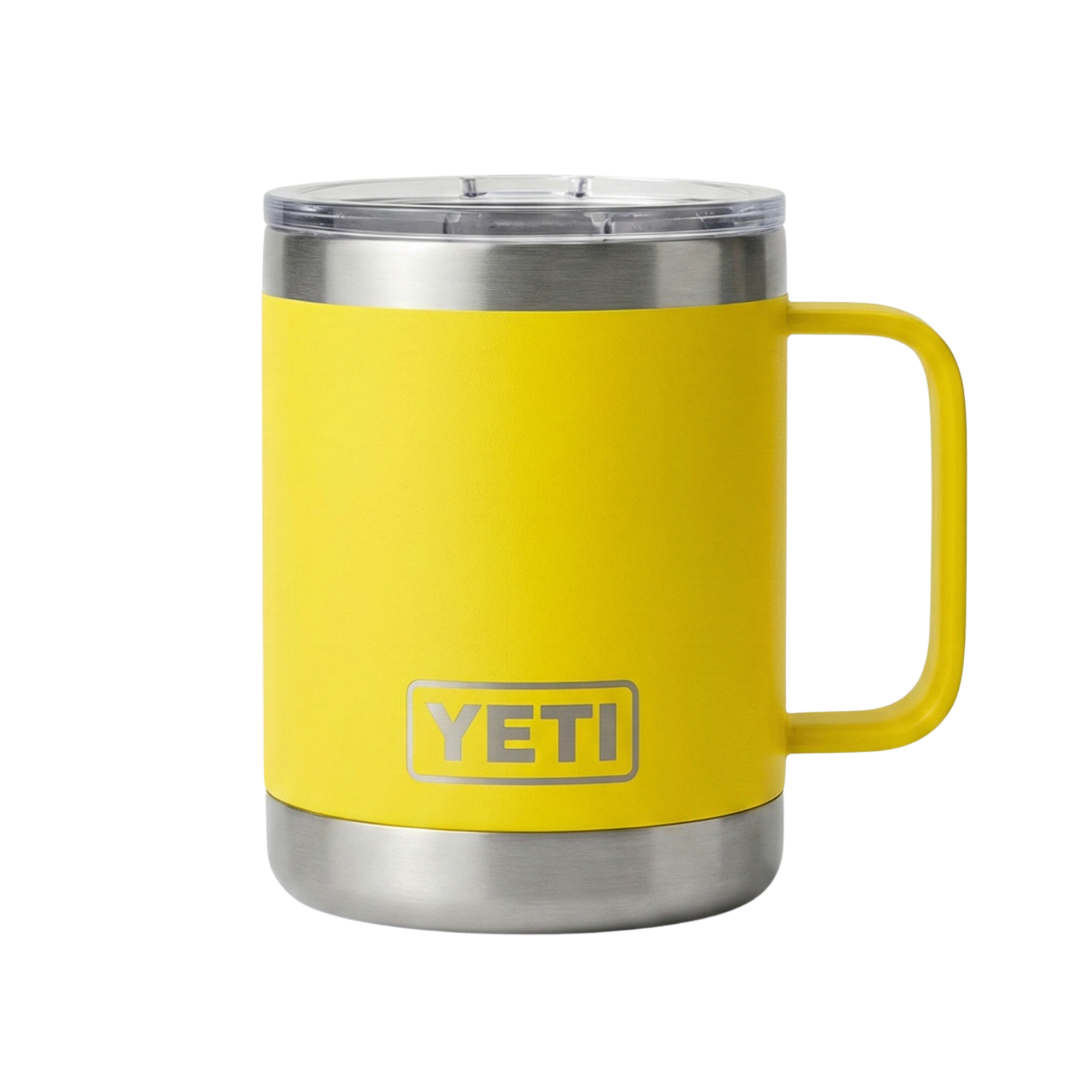 Taza térmica Yeti Rambler de 10 onzas en color amarillo (Alpine Yellow) con acabado Duracoat. Incluye asa lateral integrada y cuerpo de acero inoxidable de doble pared. Diseño apilable con base de acero brillante y logotipo de Yeti.