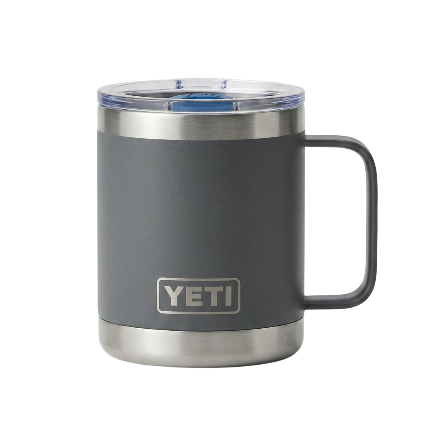 Taza térmica Yeti Rambler de 10 onzas en color gris carbón (Charcoal) con acabado mate. Cuenta con un asa lateral integrada y cuerpo de acero inoxidable de doble pared con aislamiento al vacío. Base de acero inoxidable brillante con logotipo de Yeti.