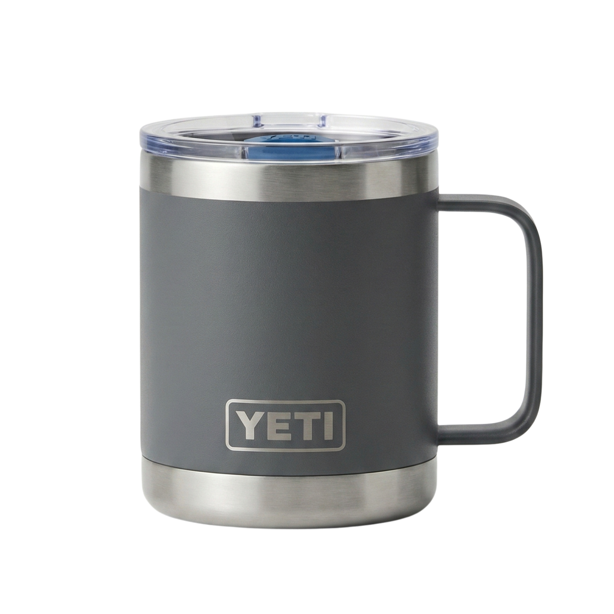 Taza térmica Yeti Rambler de 10 onzas en color gris carbón (Charcoal) con acabado mate. Cuenta con un asa lateral integrada y cuerpo de acero inoxidable de doble pared con aislamiento al vacío. Base de acero inoxidable brillante con logotipo de Yeti.