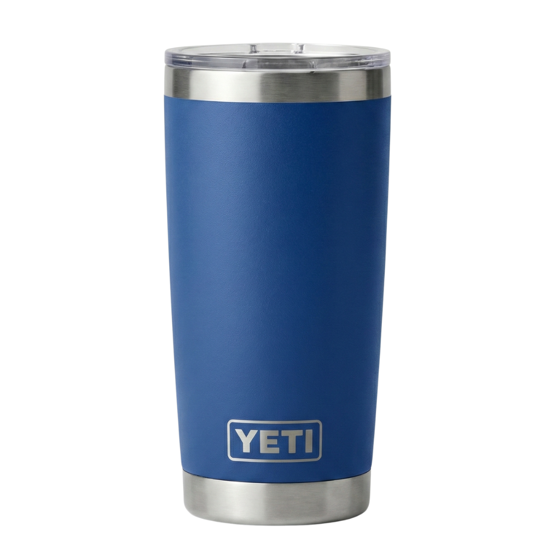 Vaso térmico Yeti Rambler de 20 onzas en color azul vibrante (Big Wave Blue) con acabado Duracoat mate, construcción de acero inoxidable de doble pared con aislamiento al vacío y base metálica brillante.