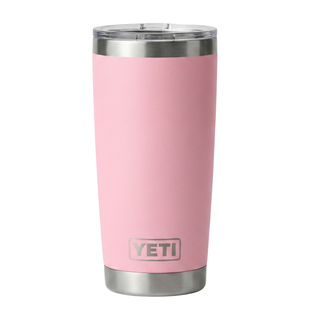 Vaso térmico Yeti Rambler de 20 onzas en color rosado pastel suave y delicado (Bimini Pink) con acabado Duracoat mate, construcción de acero inoxidable de doble pared con aislamiento al vacío y base metálica brillante con el logotipo de Yeti grabado.