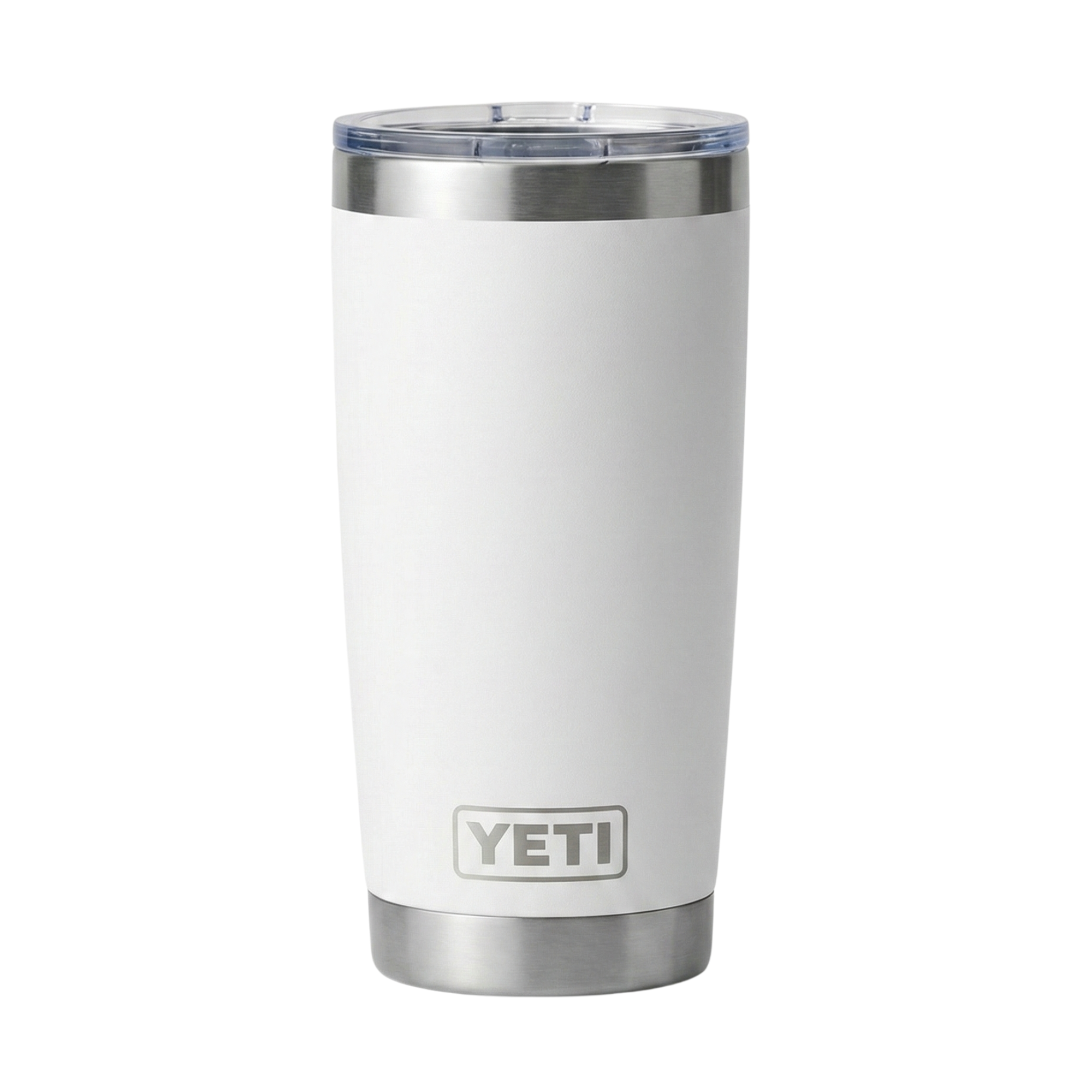 Vaso térmico Yeti Rambler de 20 onzas en color blanco mate. Fabricado en acero inoxidable de doble pared con aislamiento al vacío y base con logotipo de Yeti grabado.
