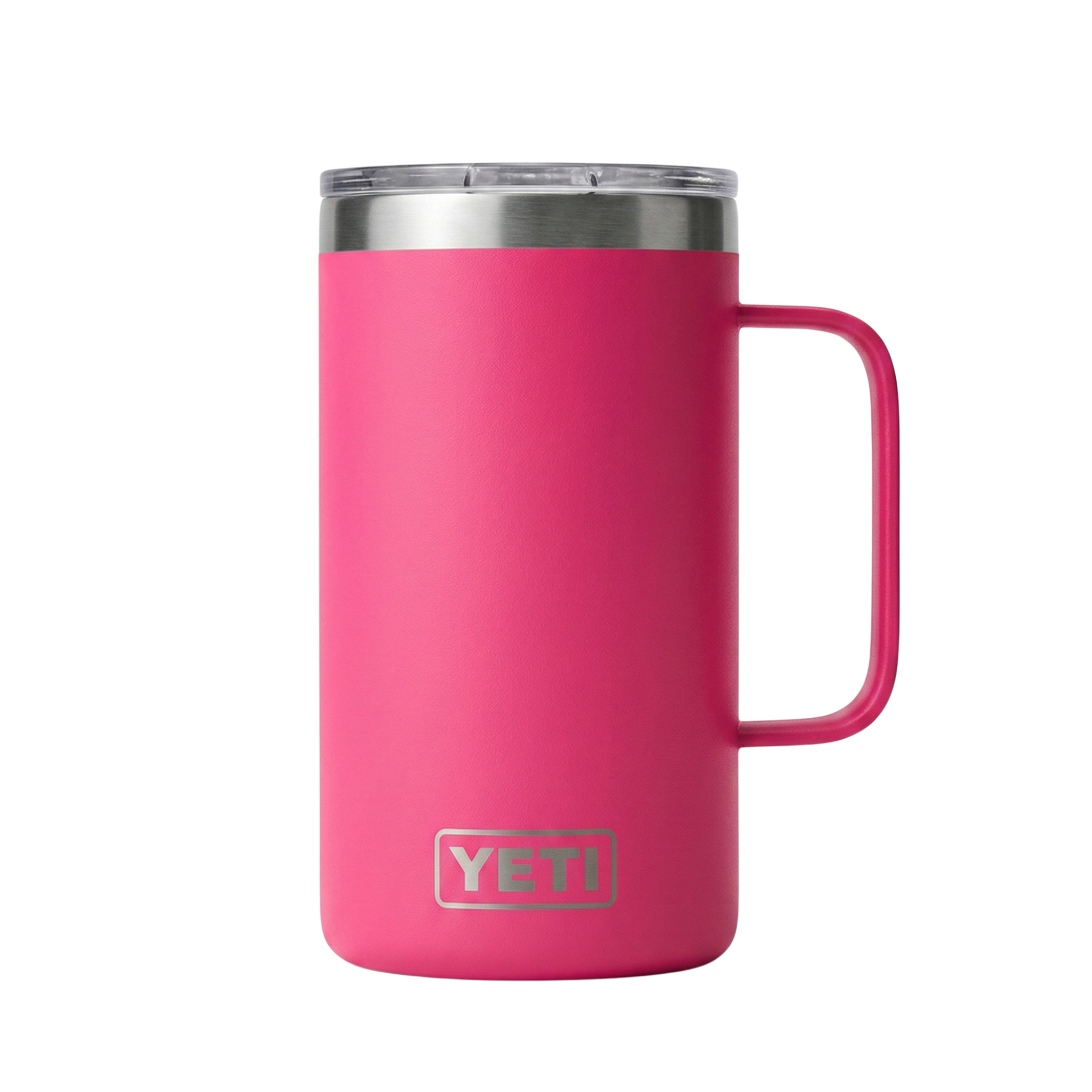 Taza térmica Yeti Rambler de 24 onzas en color fucsia intenso con acabado Duracoat mate. Incluye un asa lateral integrada para un agarre firme. Cuerpo de acero inoxidable con aislamiento al vacío de doble pared.