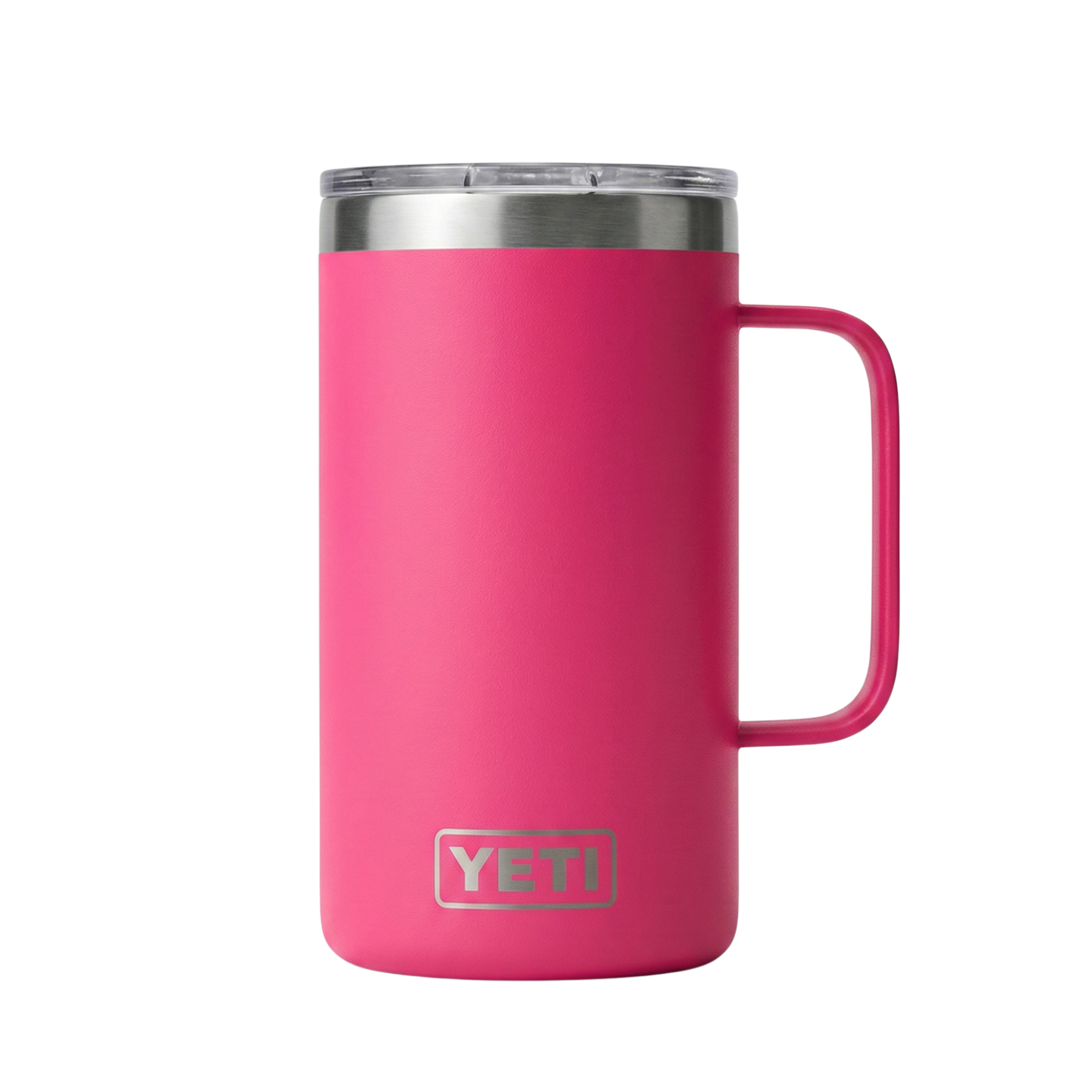 Taza térmica Yeti Rambler de 24 onzas en color fucsia intenso con acabado Duracoat mate. Incluye un asa lateral integrada para un agarre firme. Cuerpo de acero inoxidable con aislamiento al vacío de doble pared.
