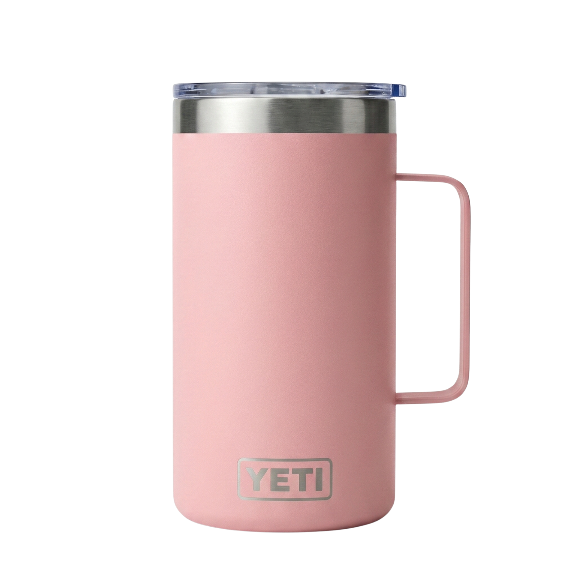Taza térmica Yeti Rambler de 24 onzas en color rosado (Power Pink). Presenta un diseño de cuerpo recto con asa lateral integrada del mismo color y  acero inoxidable con aislamiento al vacío de doble pared