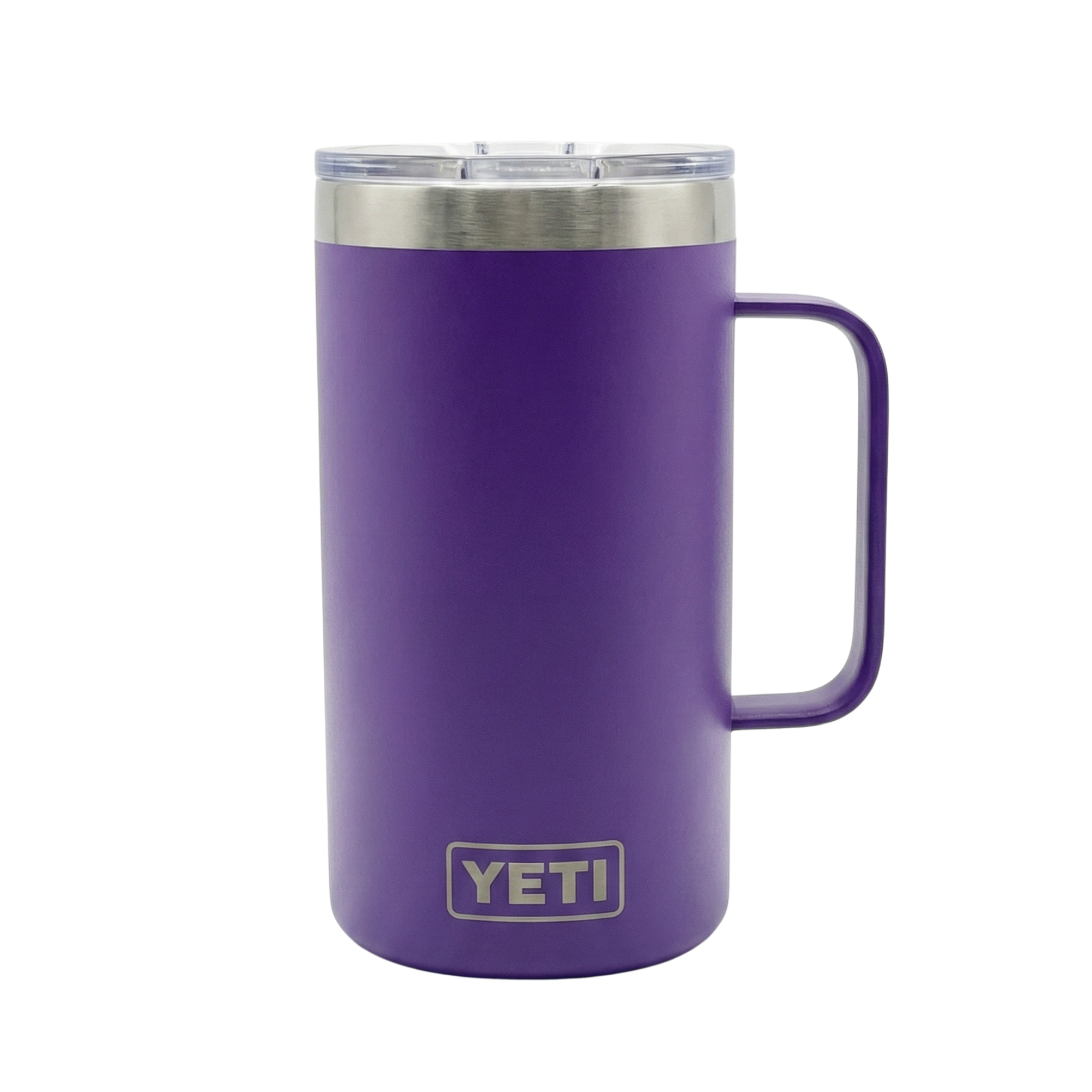 Taza térmica Yeti Rambler de 24 onzas en color morado intenso (Wild Flower). El diseño incluye un asa lateral integrada, cuerpo de acero inoxidable de doble pared con aislamiento al vacío.