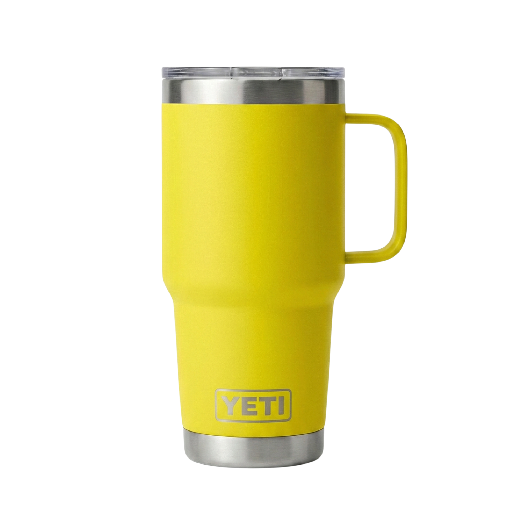 Vaso térmico Yeti Rambler Travel Mug de 30 onzas en color amarillo brillante (Alpine Yellow) con acabado Duracoat. El diseño cuenta con un asa lateral integrada del mismo color y una tapa MagSlider transparente. Cuerpo de acero inoxidable con aislamiento al vacío.