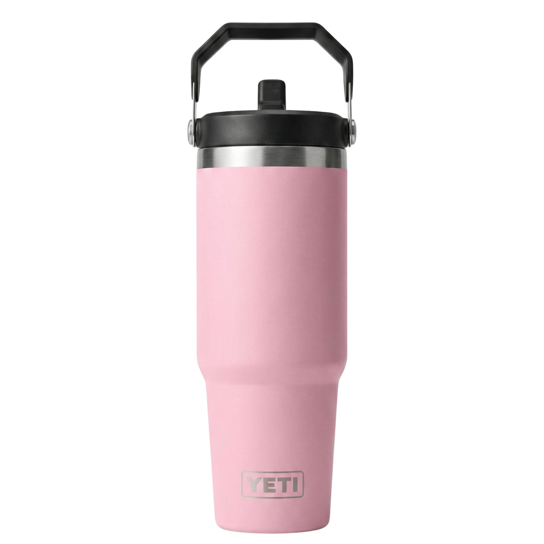 Vaso térmico Yeti Rambler de 30 onzas en color rosa claro (Daybreak Pink) con acabado Duracoat mate. Incluye tapa Straw Lid con sorbete y asa de transporte superior en color negro. Cuerpo de acero inoxidable con aislamiento al vacío y logotipo de Yeti grabado.