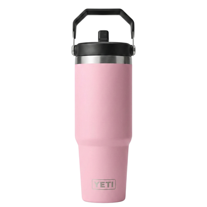 Vaso térmico Yeti Rambler de 30 onzas en color rosa claro (Daybreak Pink) con acabado Duracoat mate. Incluye tapa Straw Lid con sorbete y asa de transporte superior en color negro. Cuerpo de acero inoxidable con aislamiento al vacío y logotipo de Yeti grabado.