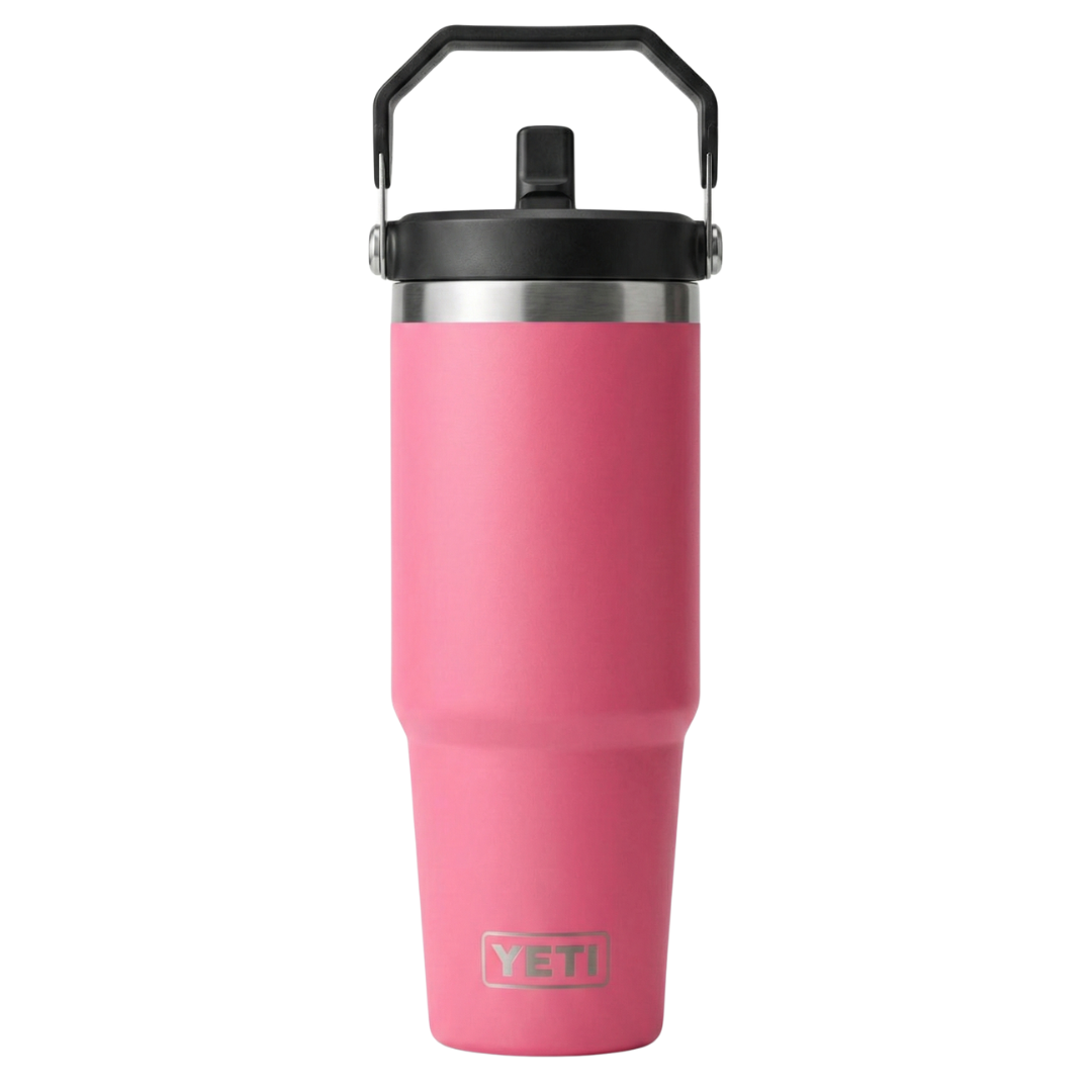 Vaso térmico Yeti Rambler de 30 onzas en color fucsia intenso (Power Pink) con acabado Duracoat mate. Cuenta con tapa Straw Lid, sorbete integrado y un asa de transporte superior en color negro. Cuerpo de acero inoxidable de doble pared con aislamiento al vacío y logotipo Yeti grabado en la base.