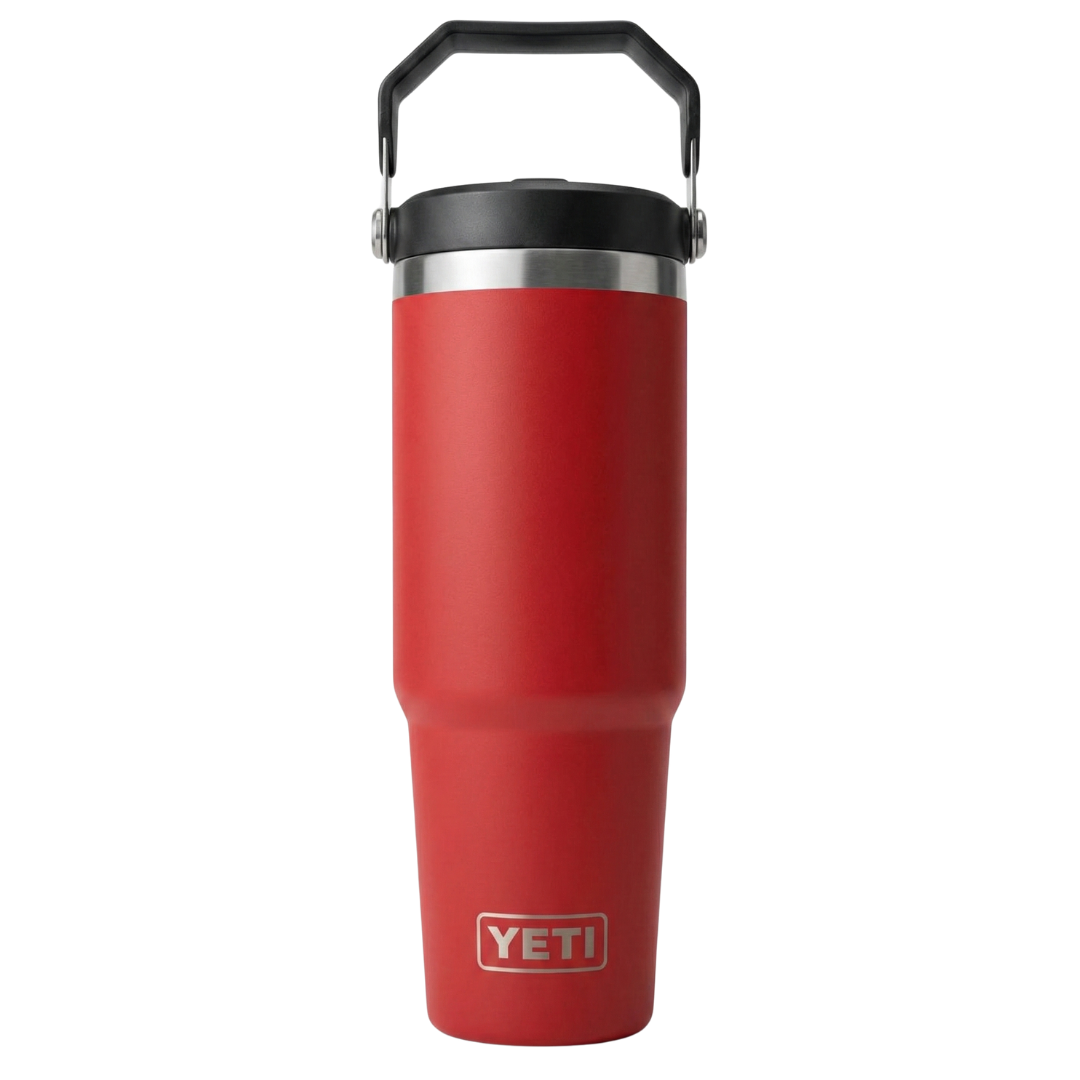 Vaso térmico Yeti Rambler de 30 onzas en color rojo intenso (Rescue Red) con acabado Duracoat mate. Incluye tapa Straw Lid con sorbete y un asa de transporte superior abatible en color negro. Cuerpo de acero inoxidable con el logotipo de Yeti grabado en la base.